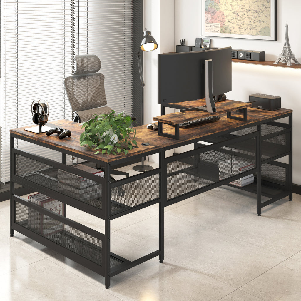 U Shaped Desk With Power Outlets & LED Strip & Monitor Stand, L Shaped Desk With Storage Shelf, Home Office Gaming Desk, Vintage