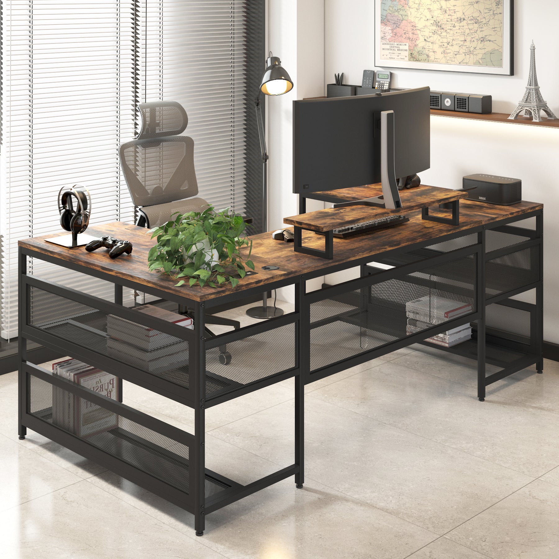 U Shaped Desk With Power Outlets & LED Strip & Monitor Stand, L Shaped Desk With Storage Shelf, Home Office Gaming Desk, Vintage