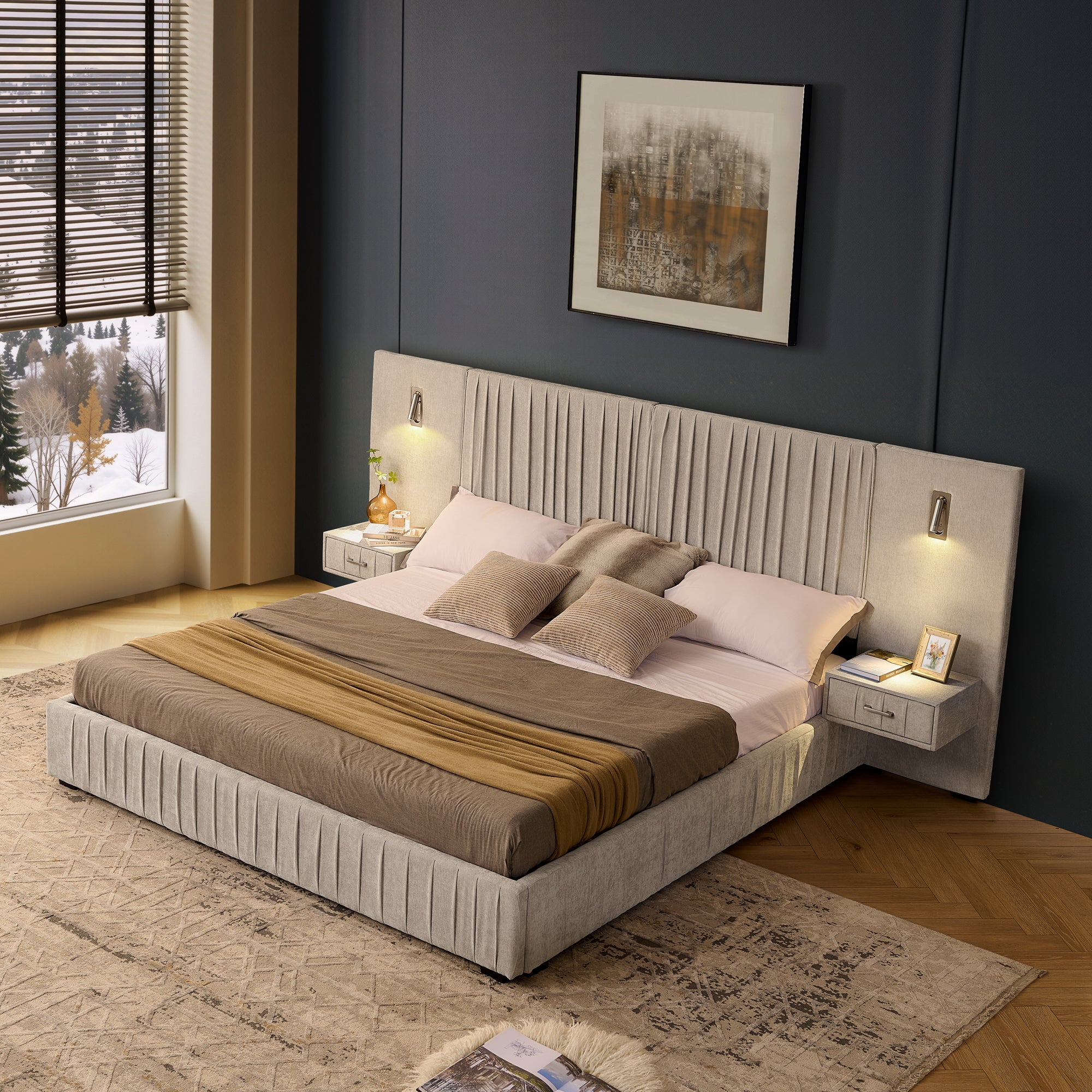 King Size Upholstered Bed Frame With Chenille Fabric With Pleated Design,Grounded King Size Platform Bed With Headboard And Solid Frame And The Bedside Table.No Box Spring Needed-Beige