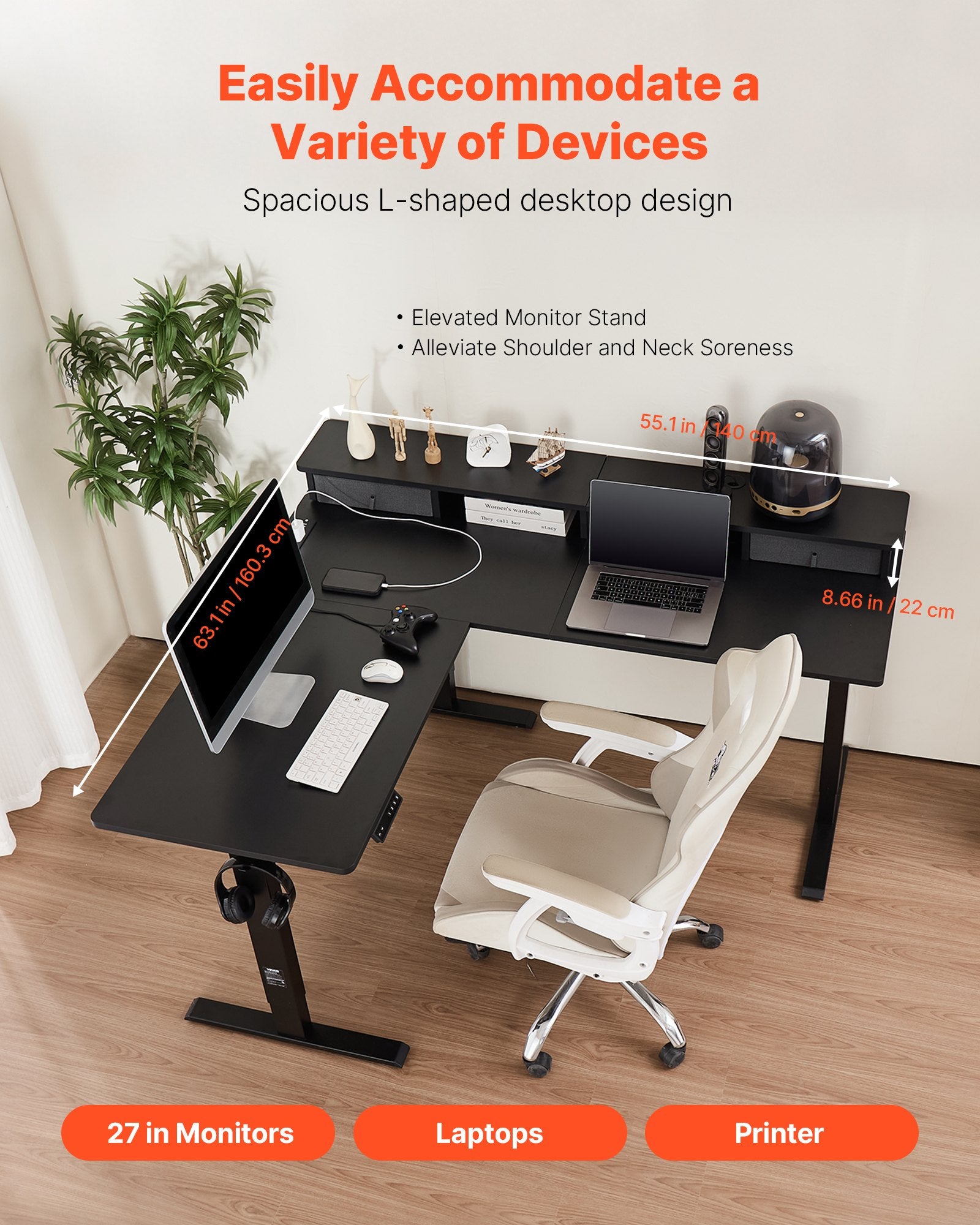 L Shaped Desk Electric Adjustable Height Corner Gaming Desk W/ Light Strip