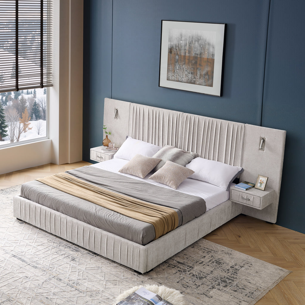 King Size Upholstered Bed Frame With Chenille Fabric With Pleated Design,Grounded King Size Platform Bed With Headboard And Solid Frame And The Bedside Table.No Box Spring Needed-Beige
