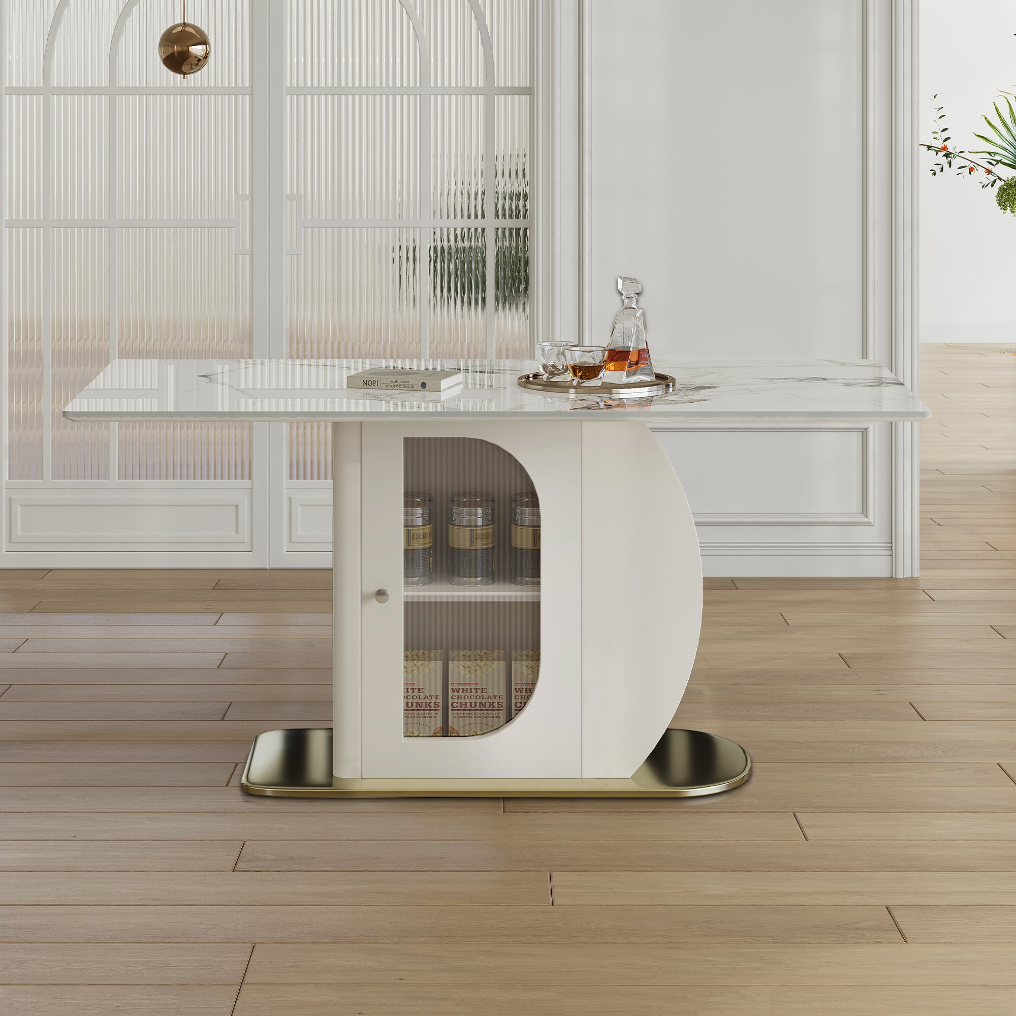 63 Modern Dining Table For 4-6 People  Kitchen Table With Storage Shelf & Acrylic Door Cabinet  Sintered Stone Tabletop With Golden Solid Wood Base  Perfect For Apartments And Family Use