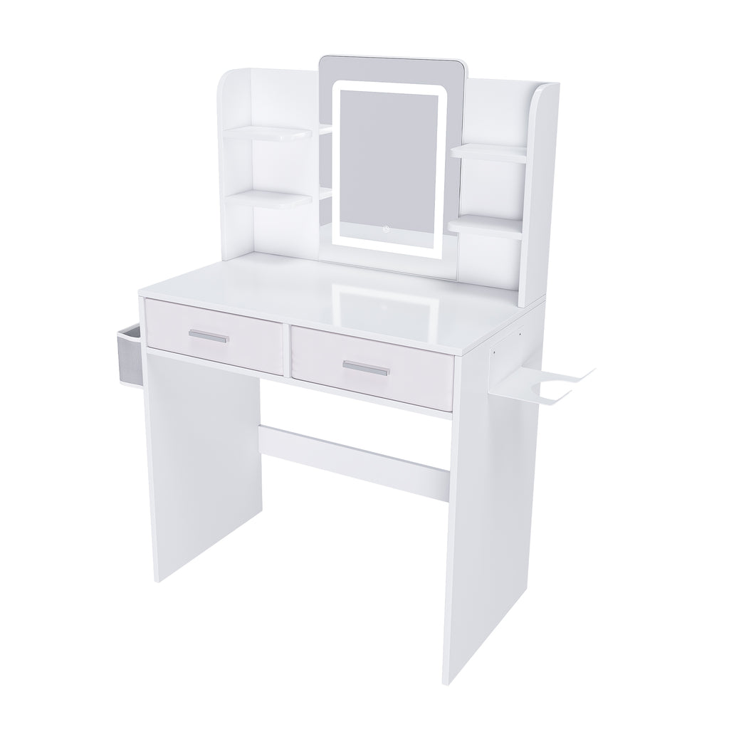 LED Mirror Vanity Dressing Table With Lights For Women & Girls - 3-Color Adjustable Light Strips  2 Large Drawers  Hair Dryer Stand & Non-Woven Storage Bag  Makeup Desk Bedroom Furniture