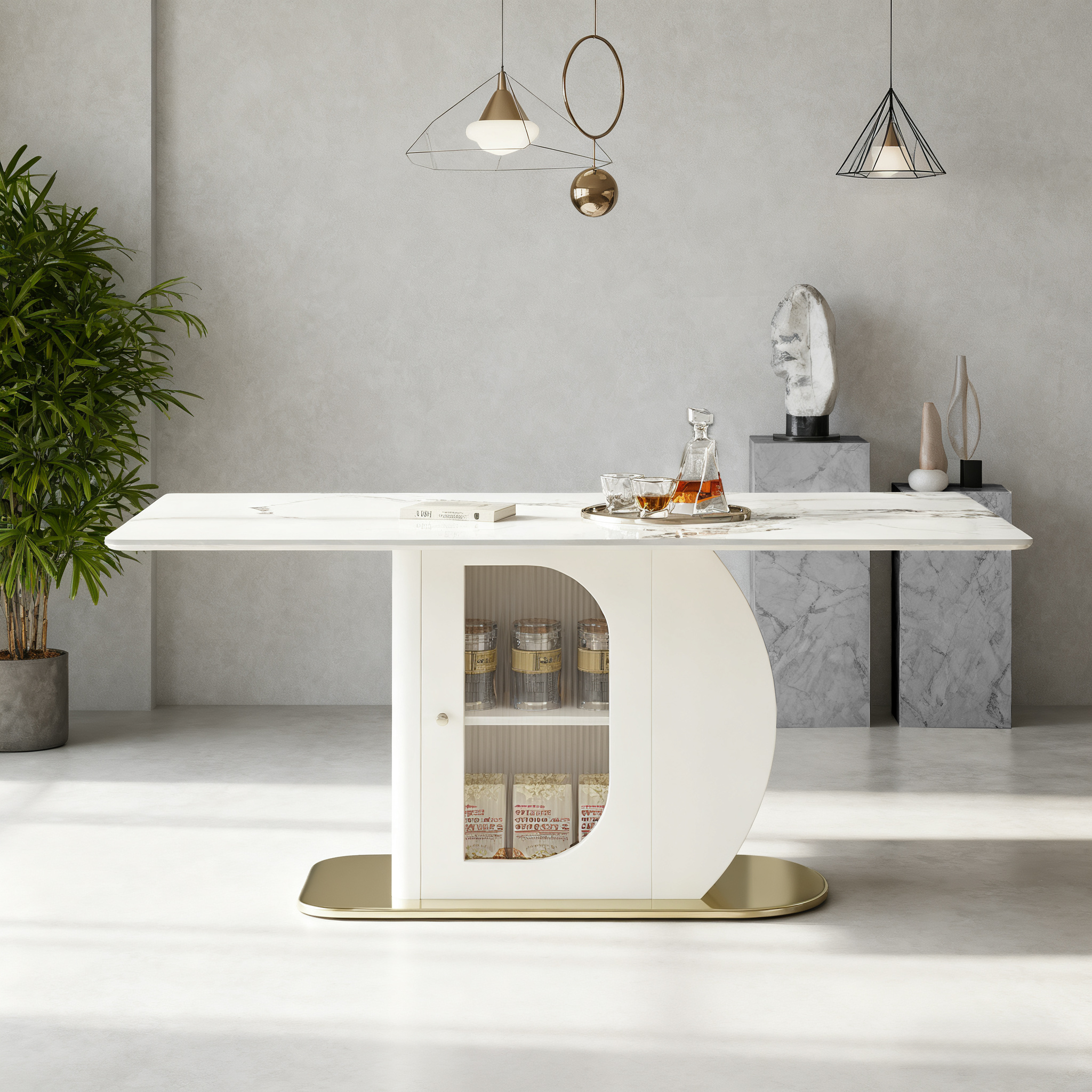 63 Modern Dining Table For 4-6 People  Kitchen Table With Storage Shelf & Acrylic Door Cabinet  Sintered Stone Tabletop With Golden Solid Wood Base  Perfect For Apartments And Family Use