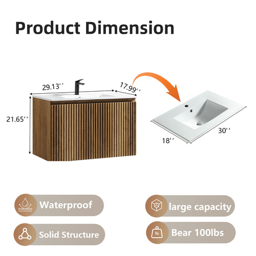 30inch Gloden Oak Folding Wall Cabinet With Creamic Sink- Patented 1-Minute Install  Space-Saving & Easy Assemble Modern Style