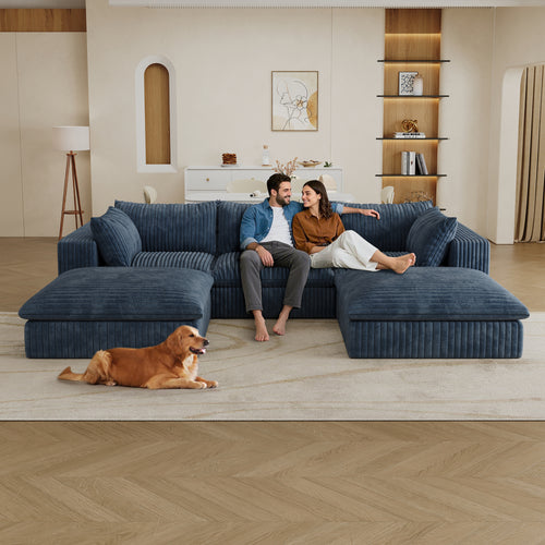 118.2 Cloud Sofa,Corduroy Fabric,Deep Seat Couches,Double-layer Design,Removable Cushion,No Assembly, DIY Combination For Living Room, Bedroom,Conference Room ,Apartment,Blue
