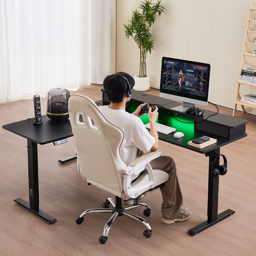 L Shaped Desk Electric Adjustable Height Corner Gaming Desk W/ Light Strip