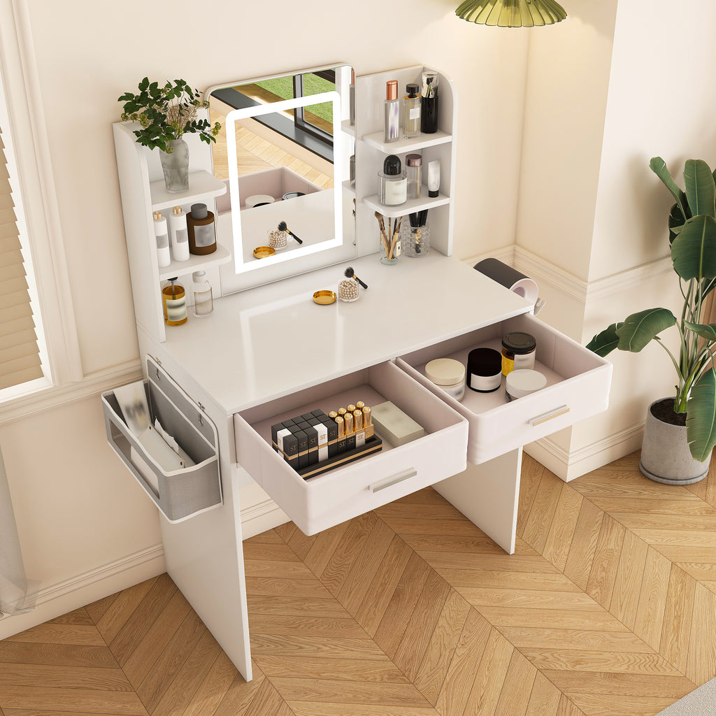 LED Mirror Vanity Dressing Table With Lights For Women & Girls - 3-Color Adjustable Light Strips  2 Large Drawers  Hair Dryer Stand & Non-Woven Storage Bag  Makeup Desk Bedroom Furniture