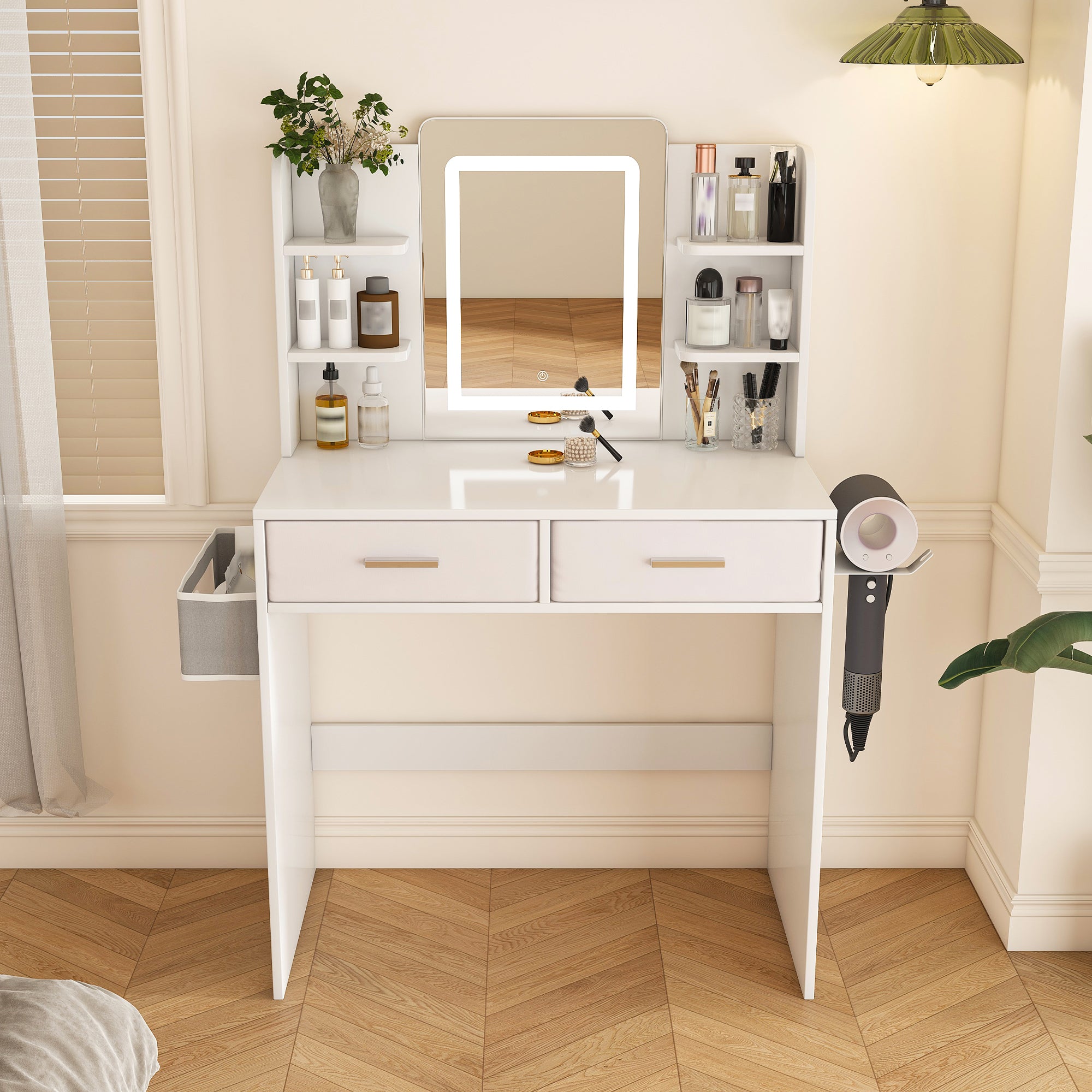 LED Mirror Vanity Dressing Table With Lights For Women & Girls - 3-Color Adjustable Light Strips  2 Large Drawers  Hair Dryer Stand & Non-Woven Storage Bag  Makeup Desk Bedroom Furniture