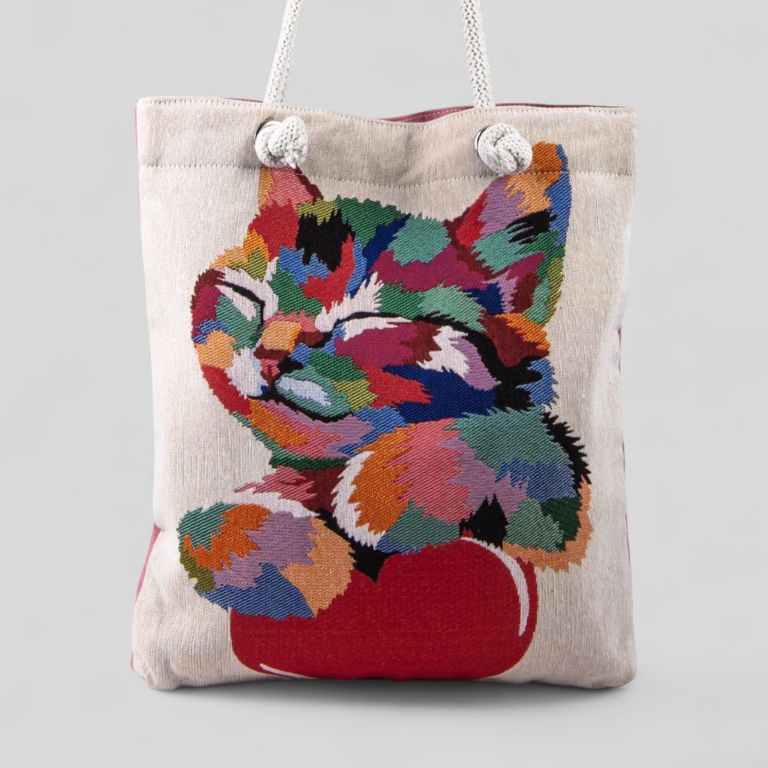 Authentic Kilim Fabric Purse with Rope Handles, Turkish Carpet, Beach Bag, Tote, Reusable Shopping Bag -- Colorful Cat with Heart