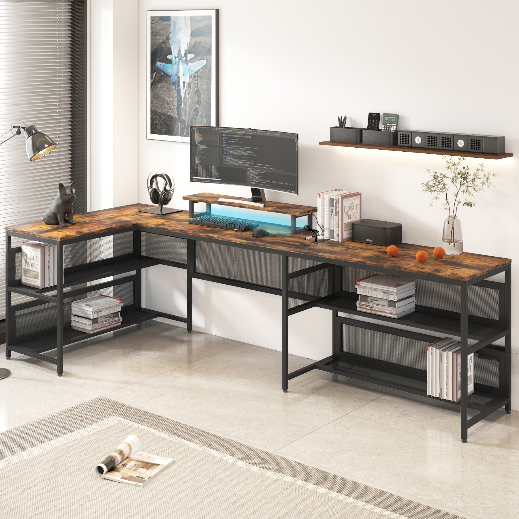 U Shaped Desk With Power Outlets & LED Strip & Monitor Stand, L Shaped Desk With Storage Shelf, Home Office Gaming Desk, Vintage