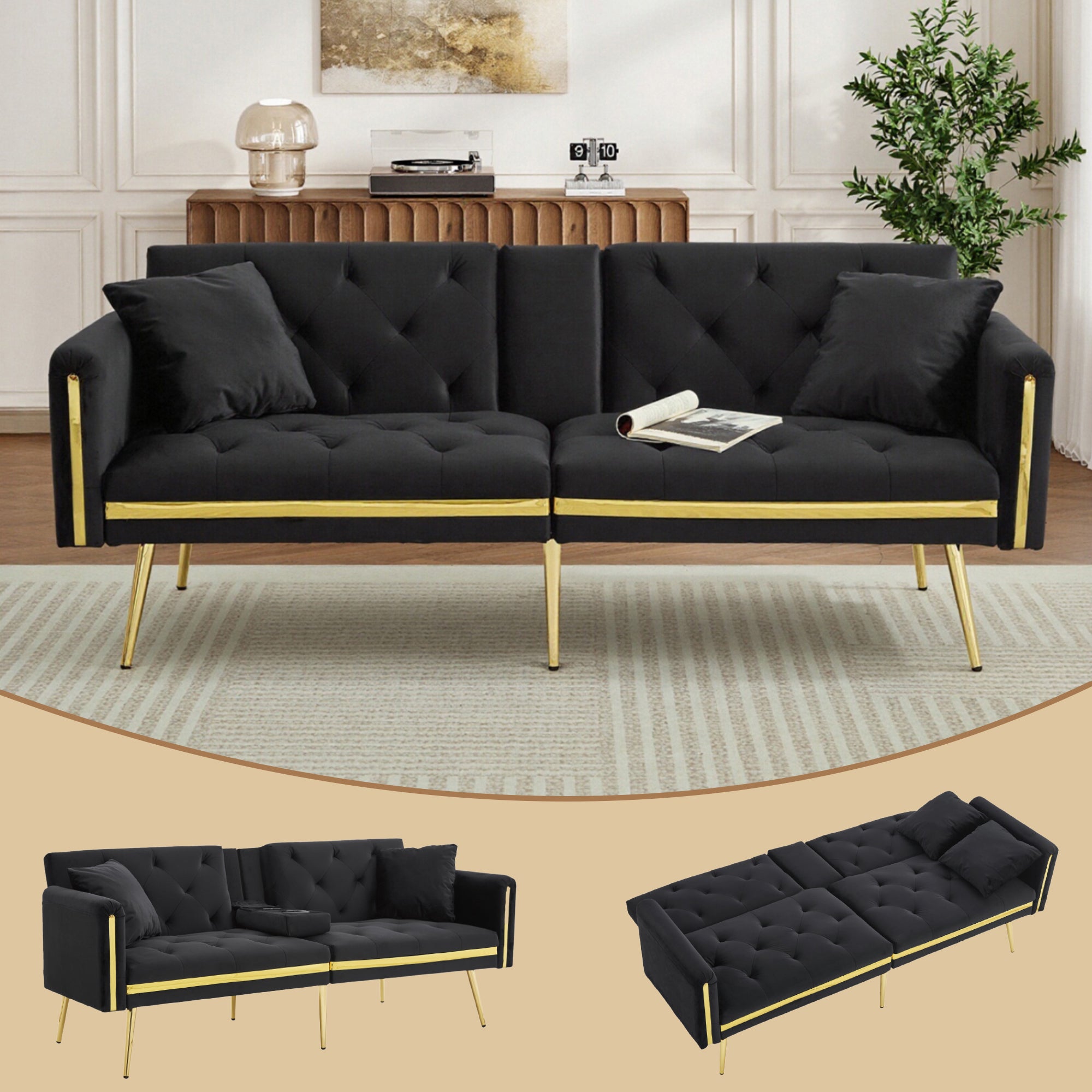 Two-seater Sofa Bed With Adjustable Backrest, Gold Accents And Built-in Cup Holders - Convertible Into A Comfortable And Space-saving Two-seater Sofa For Both The Living Room And Bedroom