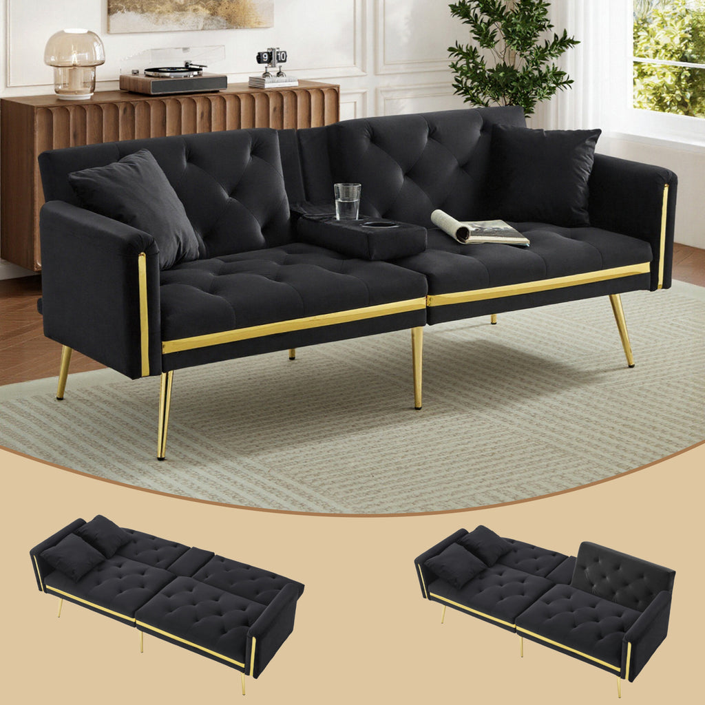 Two-seater Sofa Bed With Adjustable Backrest, Gold Accents And Built-in Cup Holders - Convertible Into A Comfortable And Space-saving Two-seater Sofa For Both The Living Room And Bedroom