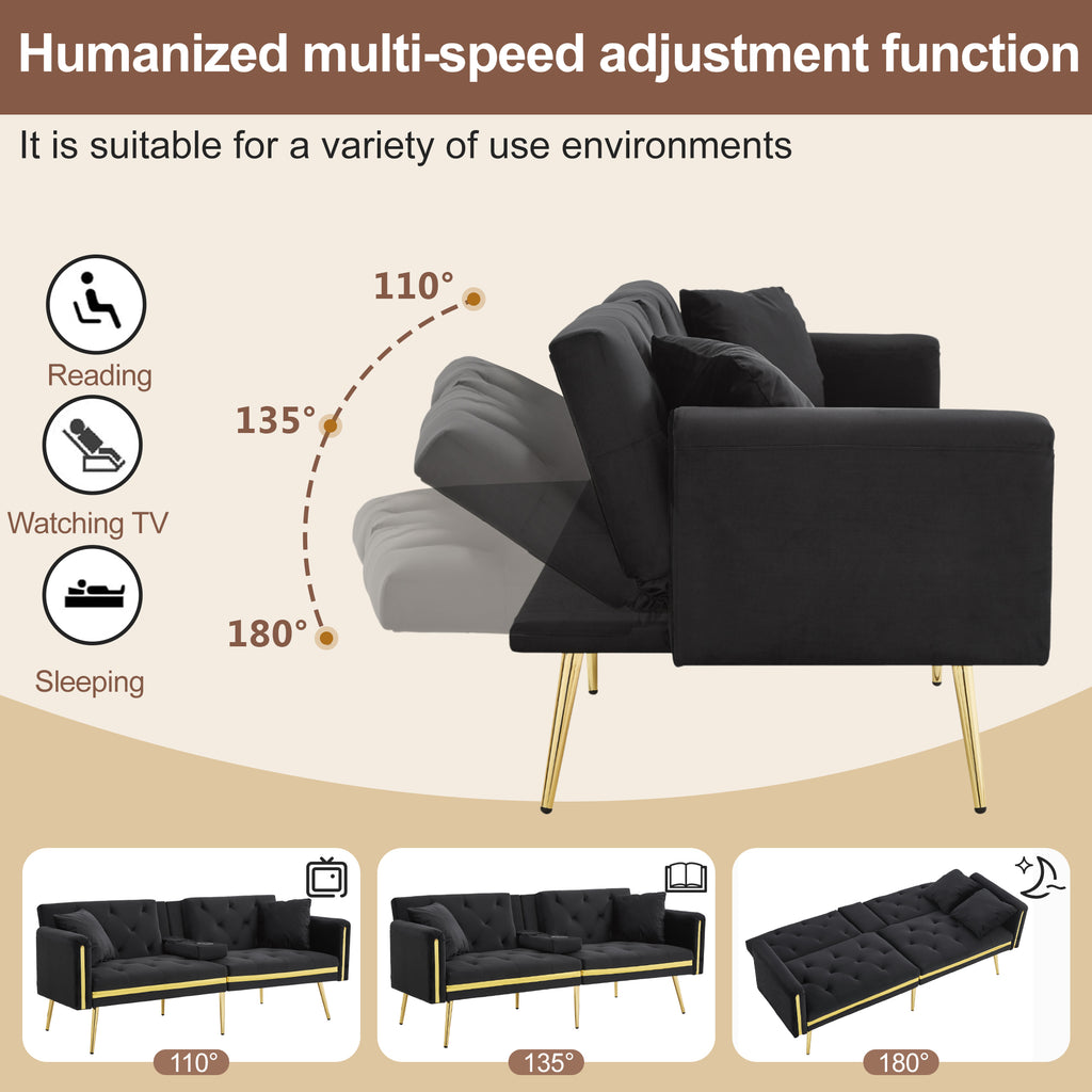 Two-seater Sofa Bed With Adjustable Backrest, Gold Accents And Built-in Cup Holders - Convertible Into A Comfortable And Space-saving Two-seater Sofa For Both The Living Room And Bedroom