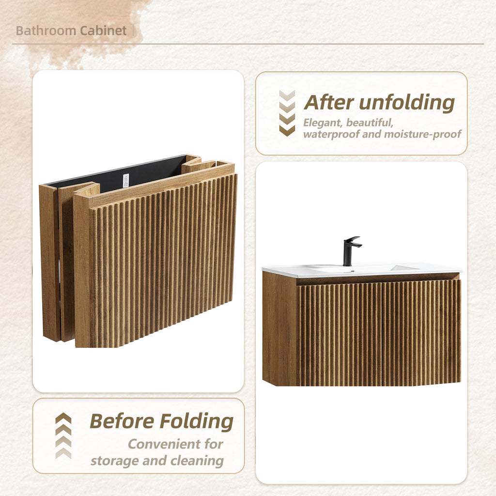 30inch Gloden Oak Folding Wall Cabinet With Creamic Sink- Patented 1-Minute Install  Space-Saving & Easy Assemble Modern Style