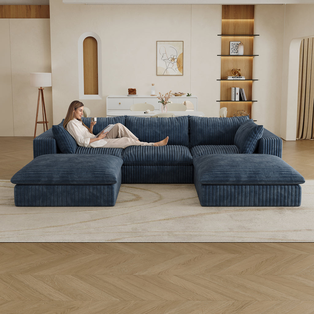 118.2 Cloud Sofa,Corduroy Fabric,Deep Seat Couches,Double-layer Design,Removable Cushion,No Assembly, DIY Combination For Living Room, Bedroom,Conference Room ,Apartment,Blue