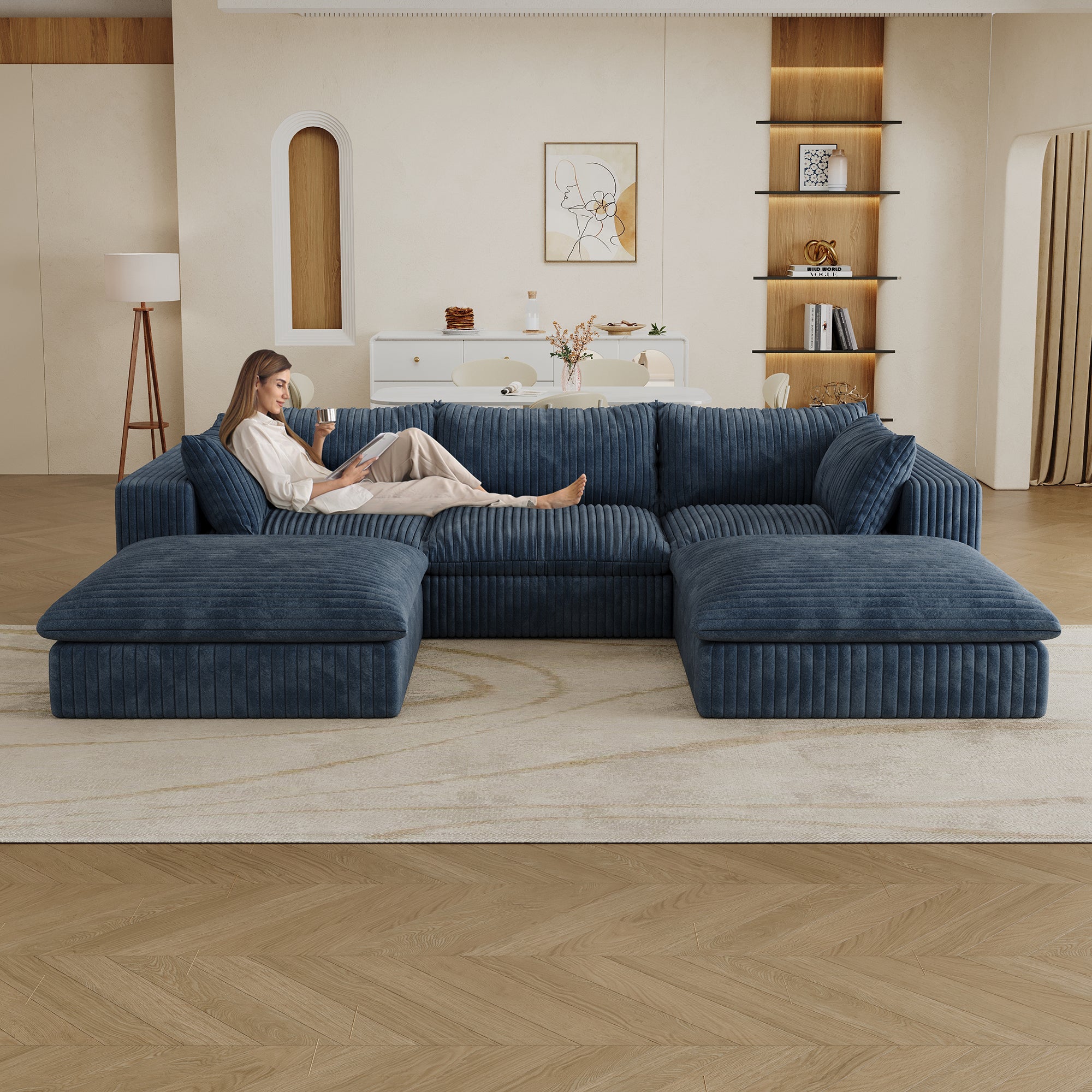 118.2 Cloud Sofa,Corduroy Fabric,Deep Seat Couches,Double-layer Design,Removable Cushion,No Assembly, DIY Combination For Living Room, Bedroom,Conference Room ,Apartment,Blue