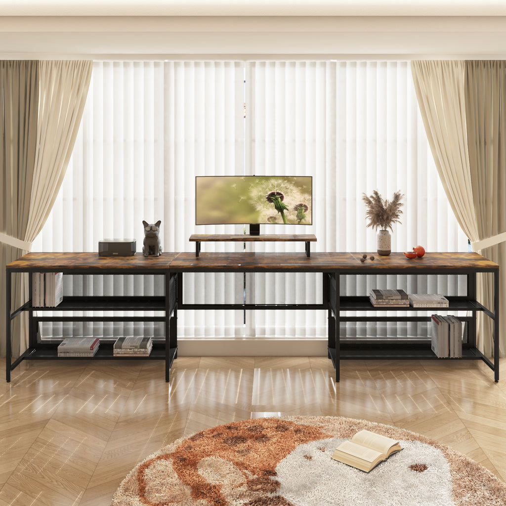 U Shaped Desk With Power Outlets & LED Strip & Monitor Stand, L Shaped Desk With Storage Shelf, Home Office Gaming Desk, Vintage