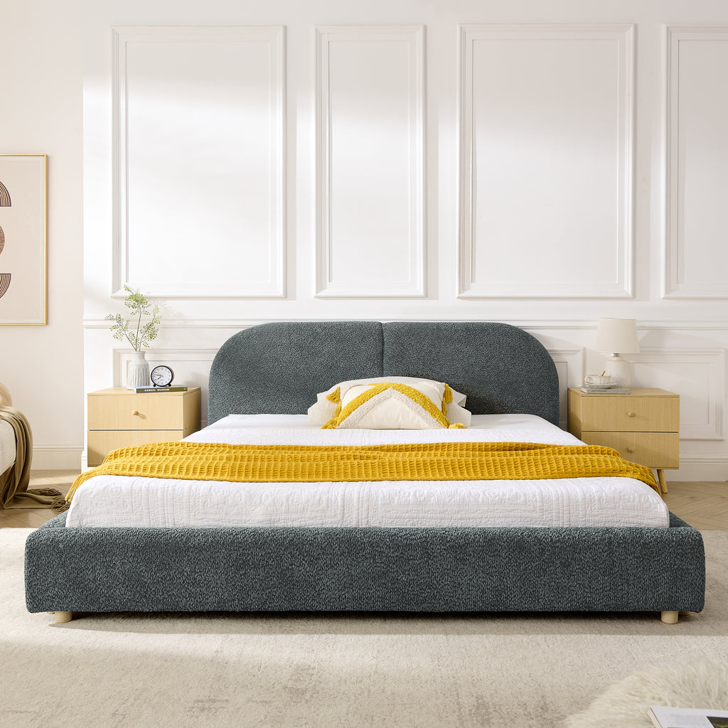 Queen Size Upholstered Bed Frame, Modern Minimalist Style With Tall Curved Headboard, Premium Circle Yarn Fabric & Sturdy Leg Support, Mattress Not Included-Dark Gray