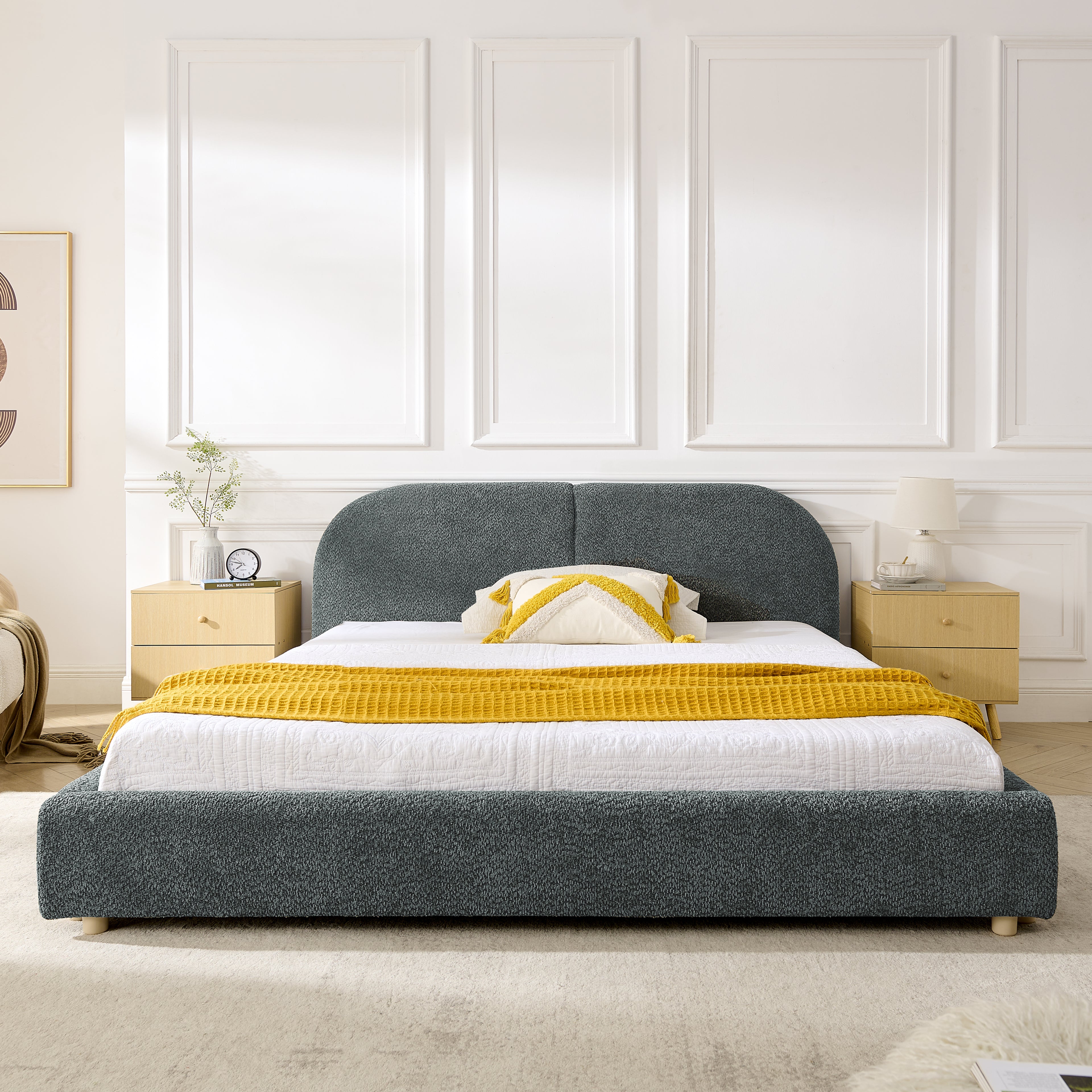 Queen Size Upholstered Bed Frame, Modern Minimalist Style With Tall Curved Headboard, Premium Circle Yarn Fabric & Sturdy Leg Support, Mattress Not Included-Dark Gray