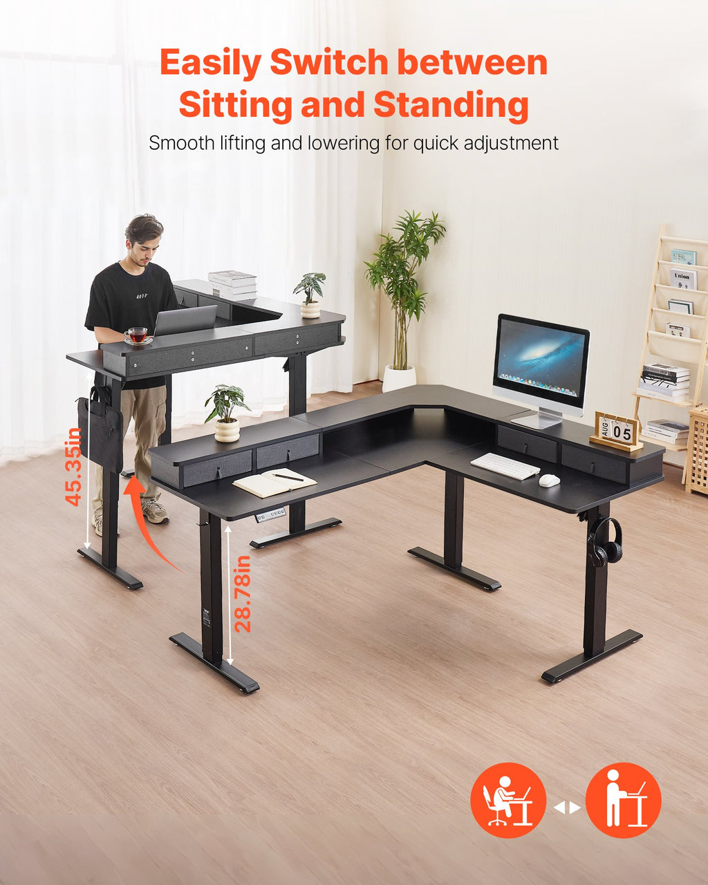 L Shaped Desk Electric Adjustable Height Corner Gaming Desk With Drawers