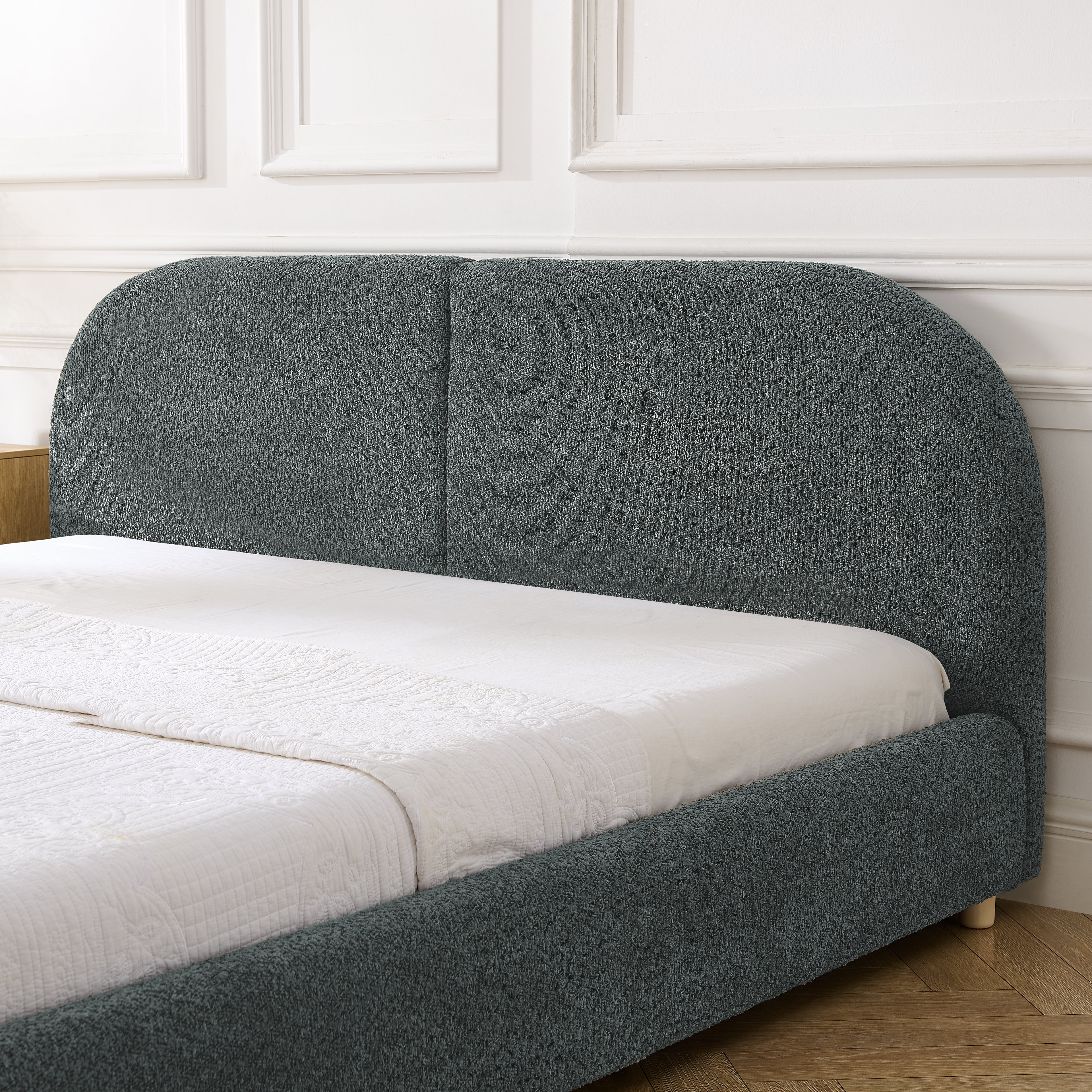 Queen Size Upholstered Bed Frame, Modern Minimalist Style With Tall Curved Headboard, Premium Circle Yarn Fabric & Sturdy Leg Support, Mattress Not Included-Dark Gray