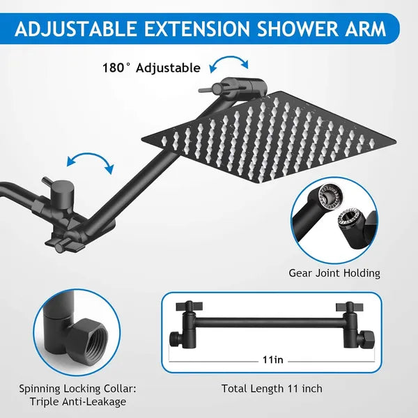 Shower Head Combo, 8 Inch High Pressure Rain With 11 Inch Adjustable Extension Arm And 5 Settings Handheld, Powerful Spray Against Low Water Pressure- Matte Black