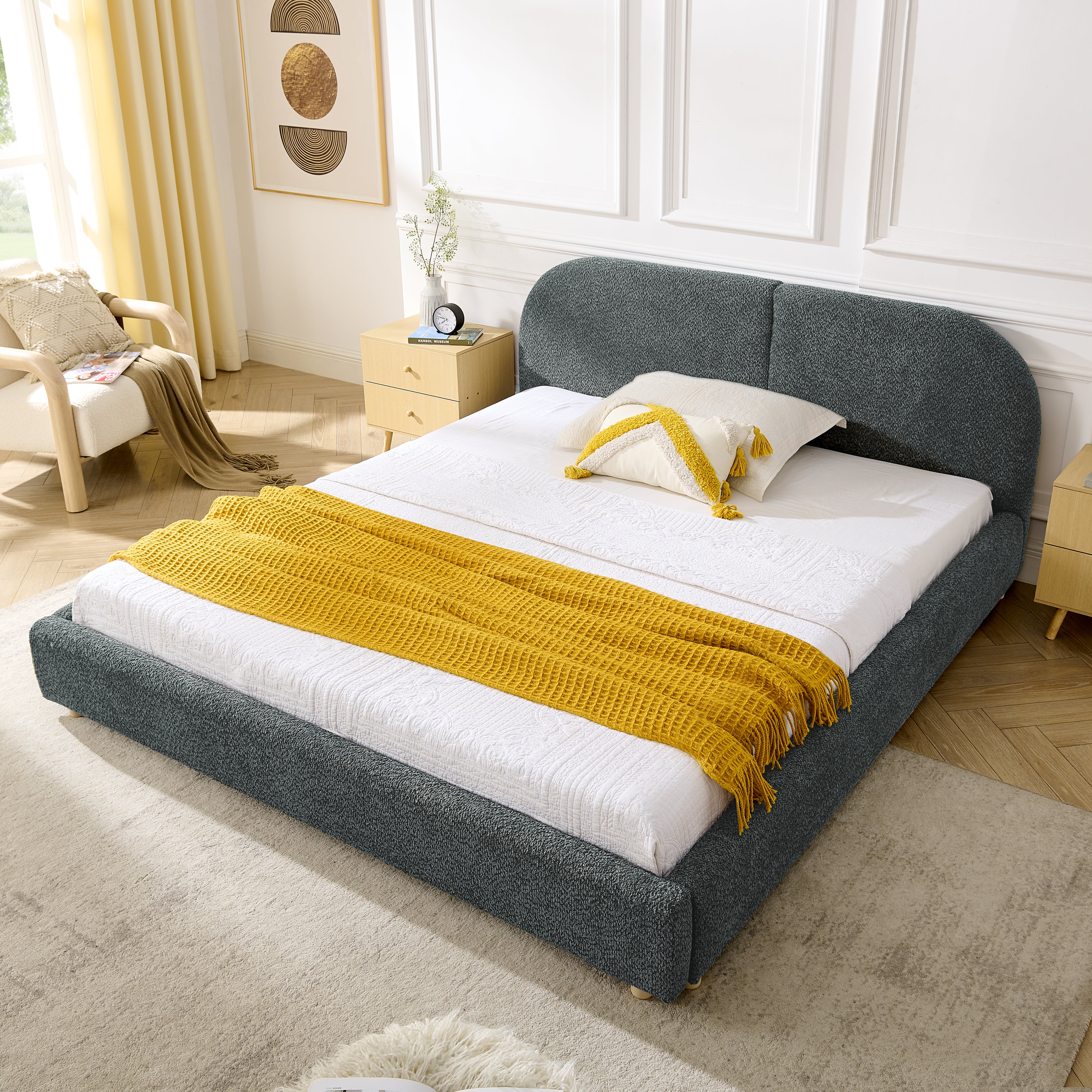 Queen Size Upholstered Bed Frame, Modern Minimalist Style With Tall Curved Headboard, Premium Circle Yarn Fabric & Sturdy Leg Support, Mattress Not Included-Dark Gray