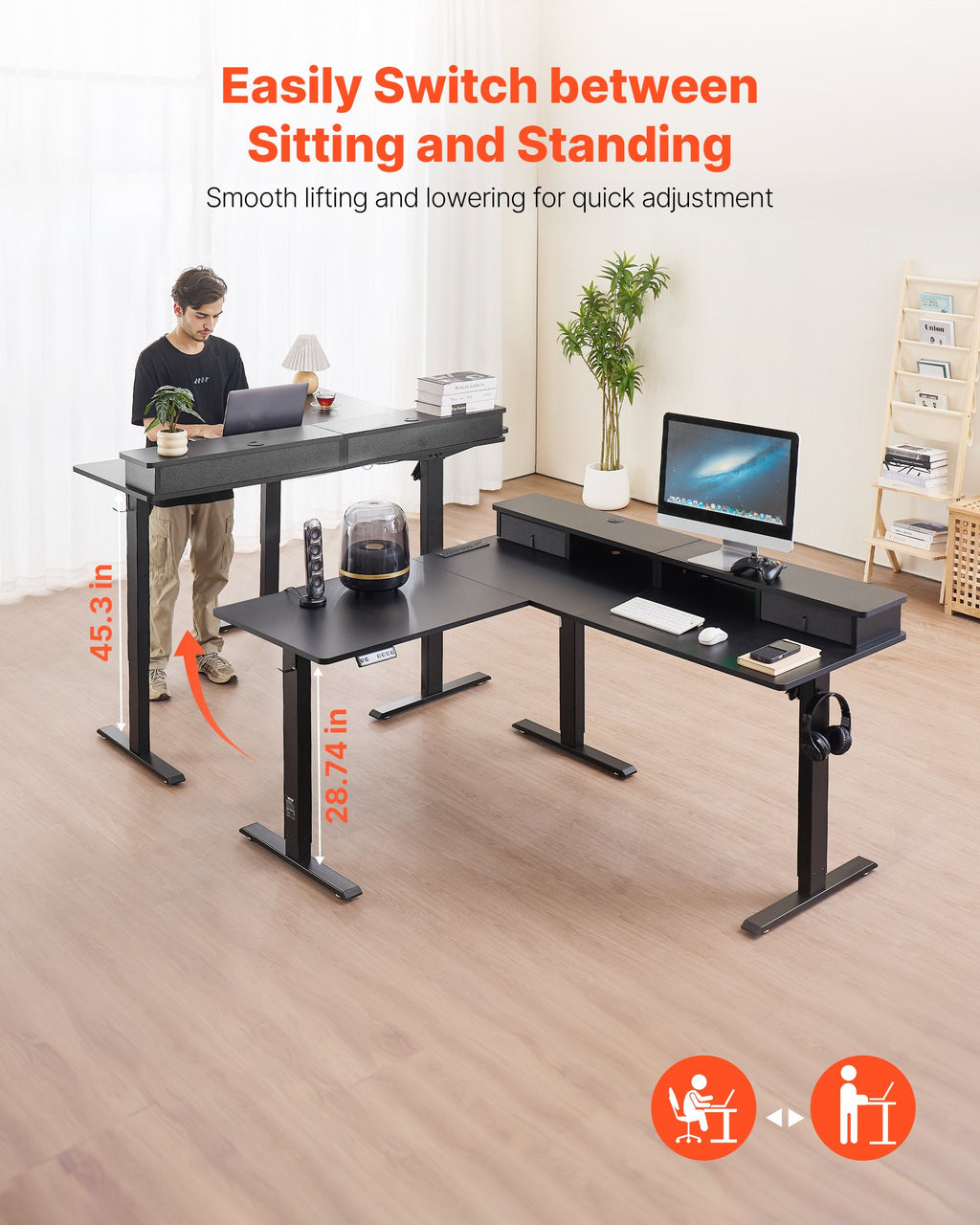 L Shaped Desk Electric Adjustable Height Corner Gaming Desk W/ Light Strip