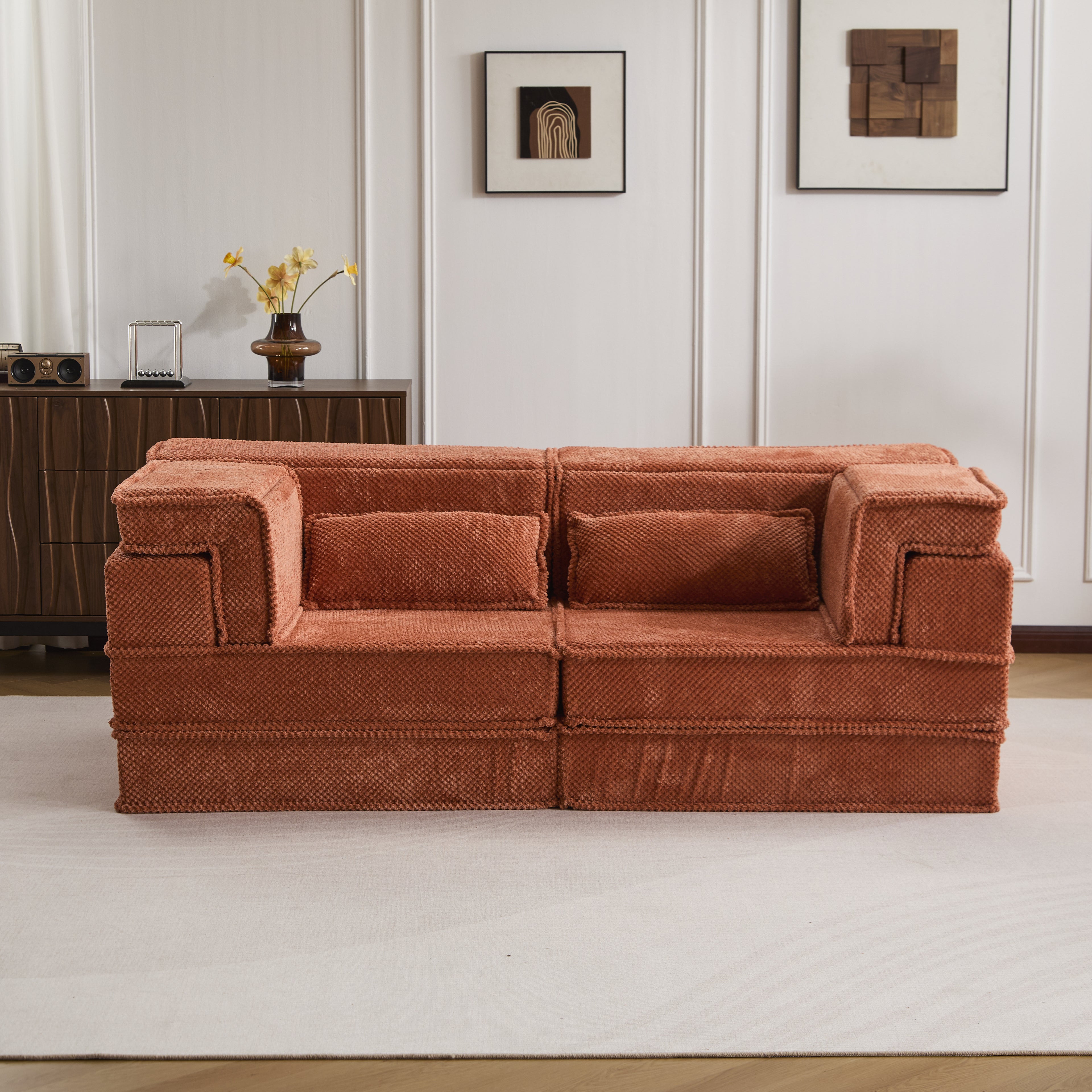 Compression Mahjong Sofa,Convertible Floor Sofa Bed,DIY Boneless Modular Sectional Sofa,No Assembly Required,Circle Fleece Fabric,Modern Oversized Loveseat,Orange
