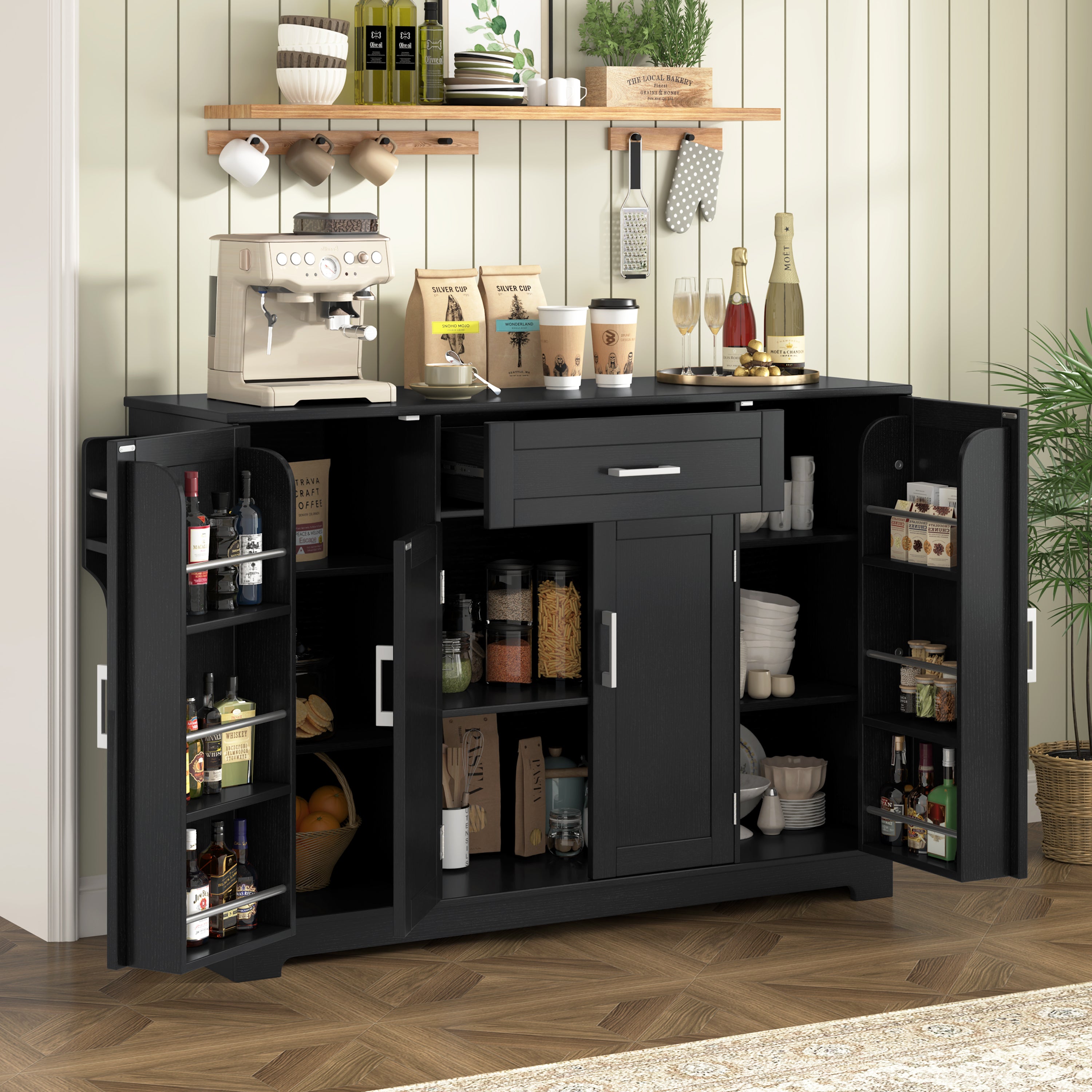 U-STYLE 54.3  Sideboard Buffet Cabinet With Storage  4 Doors & 1 Drawer  Melamine MDF Kitchen Storage With Adjustable Shelves  Aluminum Alloy Handles  Side Shelves & Hanging Rod For Dining Room