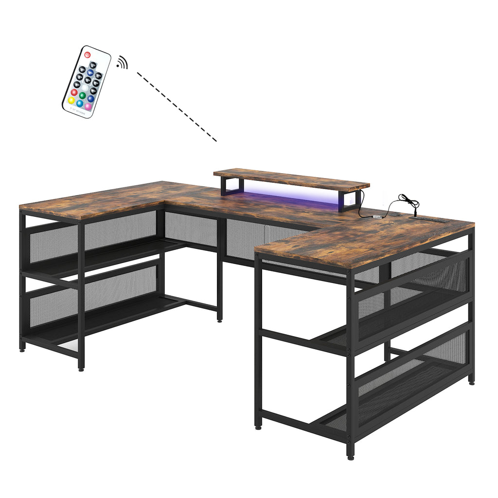 U Shaped Desk With Power Outlets & LED Strip & Monitor Stand, L Shaped Desk With Storage Shelf, Home Office Gaming Desk, Vintage