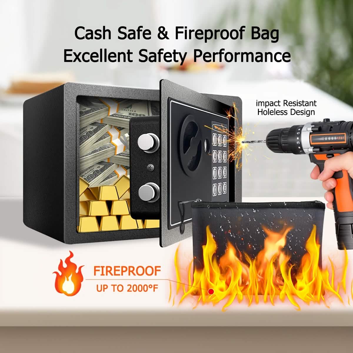 Fireproof Digital Home Safe with Keypad, Money Bag
