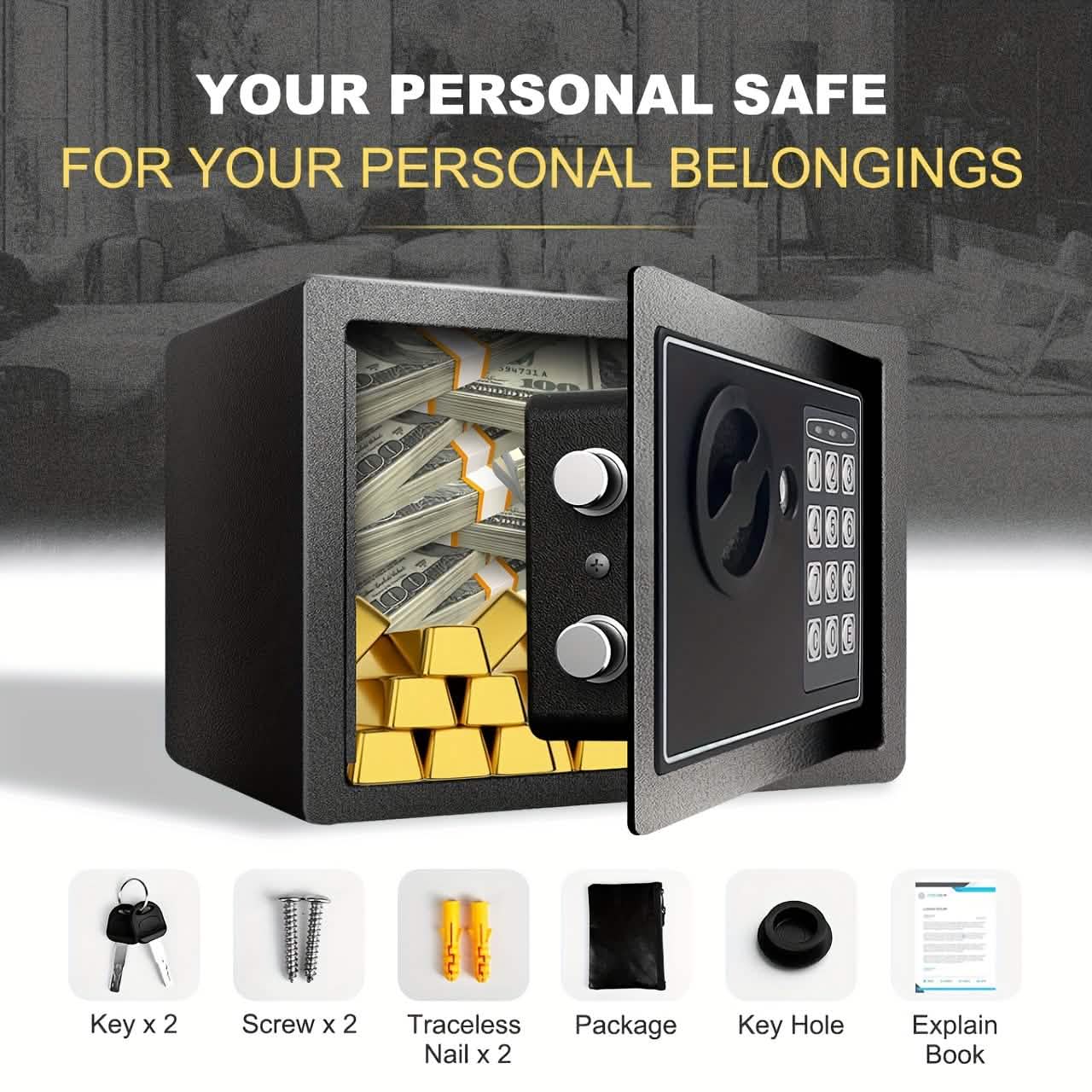 Fireproof Digital Home Safe with Keypad, Money Bag