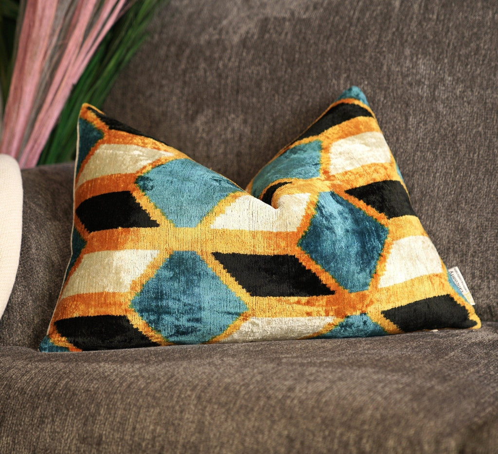 Canvello Soft Velvet Blue Gold Black Pillows For Sofa - 16X24 in