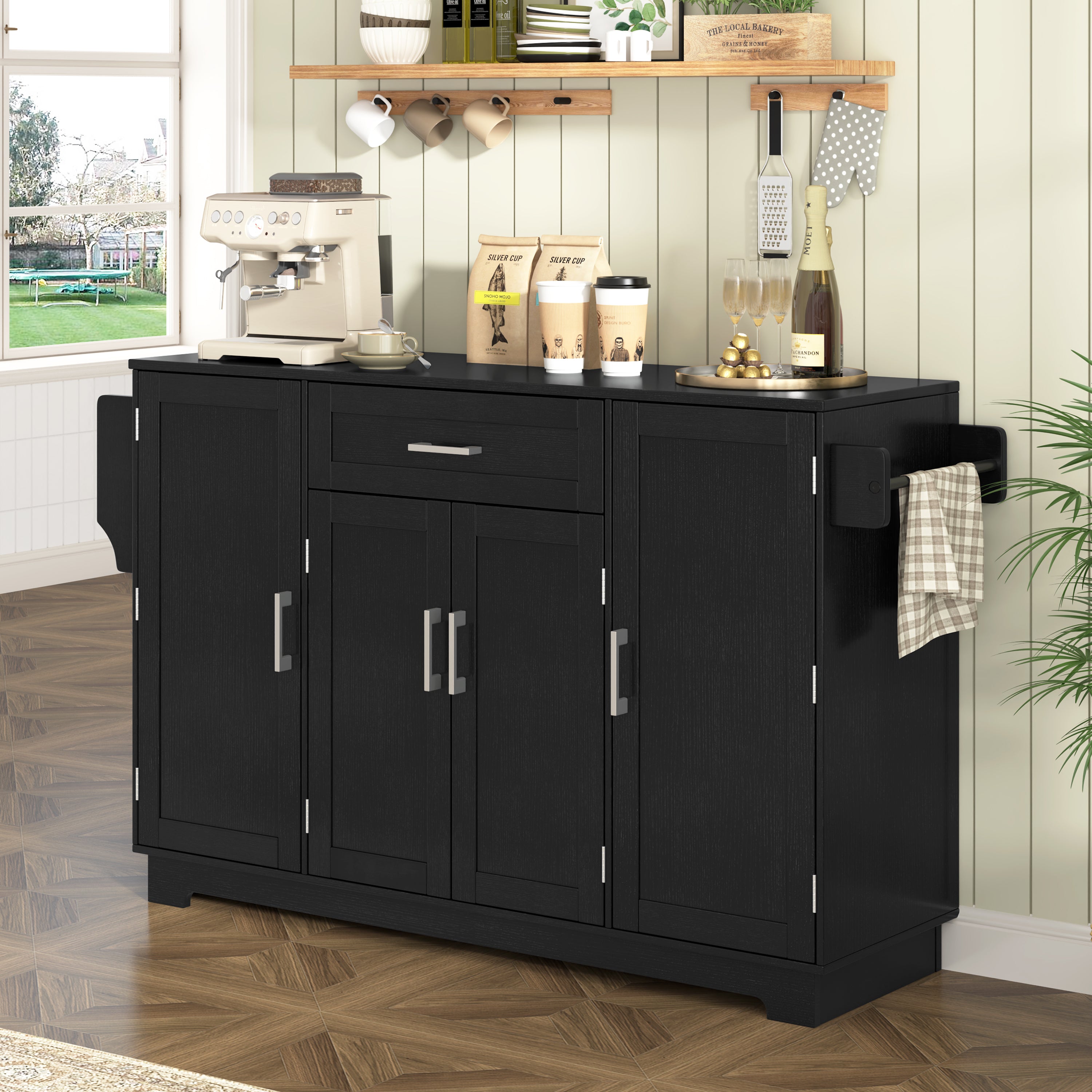 U-STYLE 54.3  Sideboard Buffet Cabinet With Storage  4 Doors & 1 Drawer  Melamine MDF Kitchen Storage With Adjustable Shelves  Aluminum Alloy Handles  Side Shelves & Hanging Rod For Dining Room