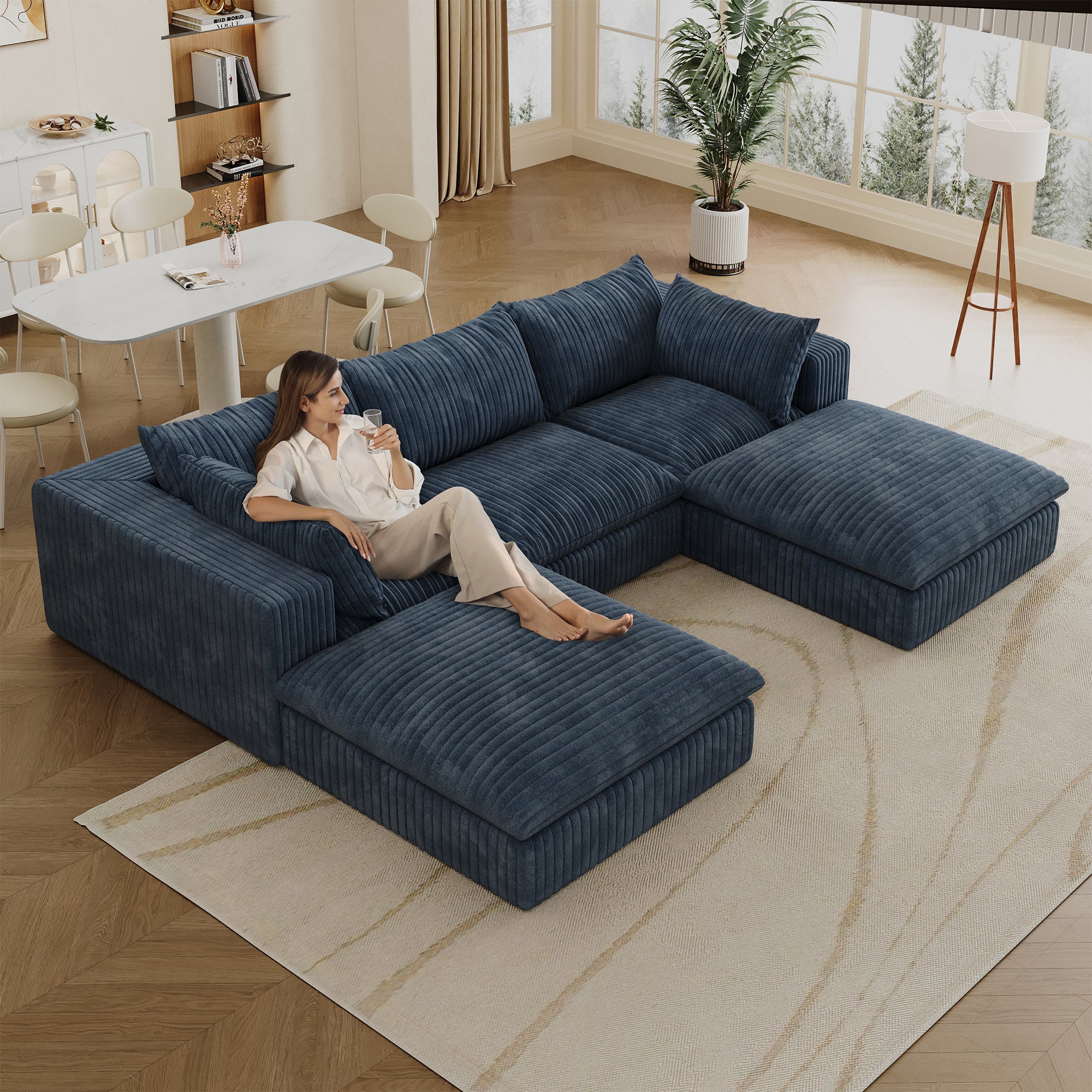 118.2 Cloud Sofa,Corduroy Fabric,Deep Seat Couches,Double-layer Design,Removable Cushion,No Assembly, DIY Combination For Living Room, Bedroom,Conference Room ,Apartment,Blue