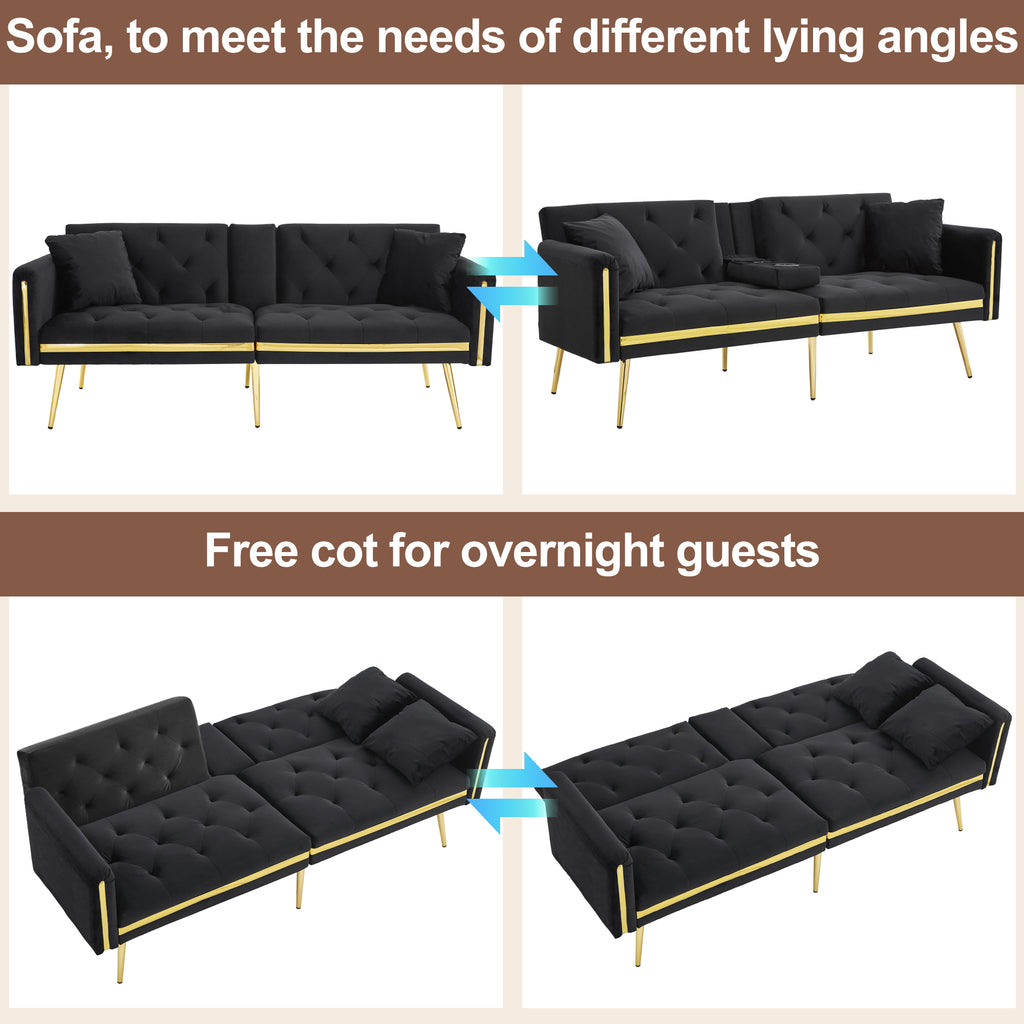Two-seater Sofa Bed With Adjustable Backrest, Gold Accents And Built-in Cup Holders - Convertible Into A Comfortable And Space-saving Two-seater Sofa For Both The Living Room And Bedroom