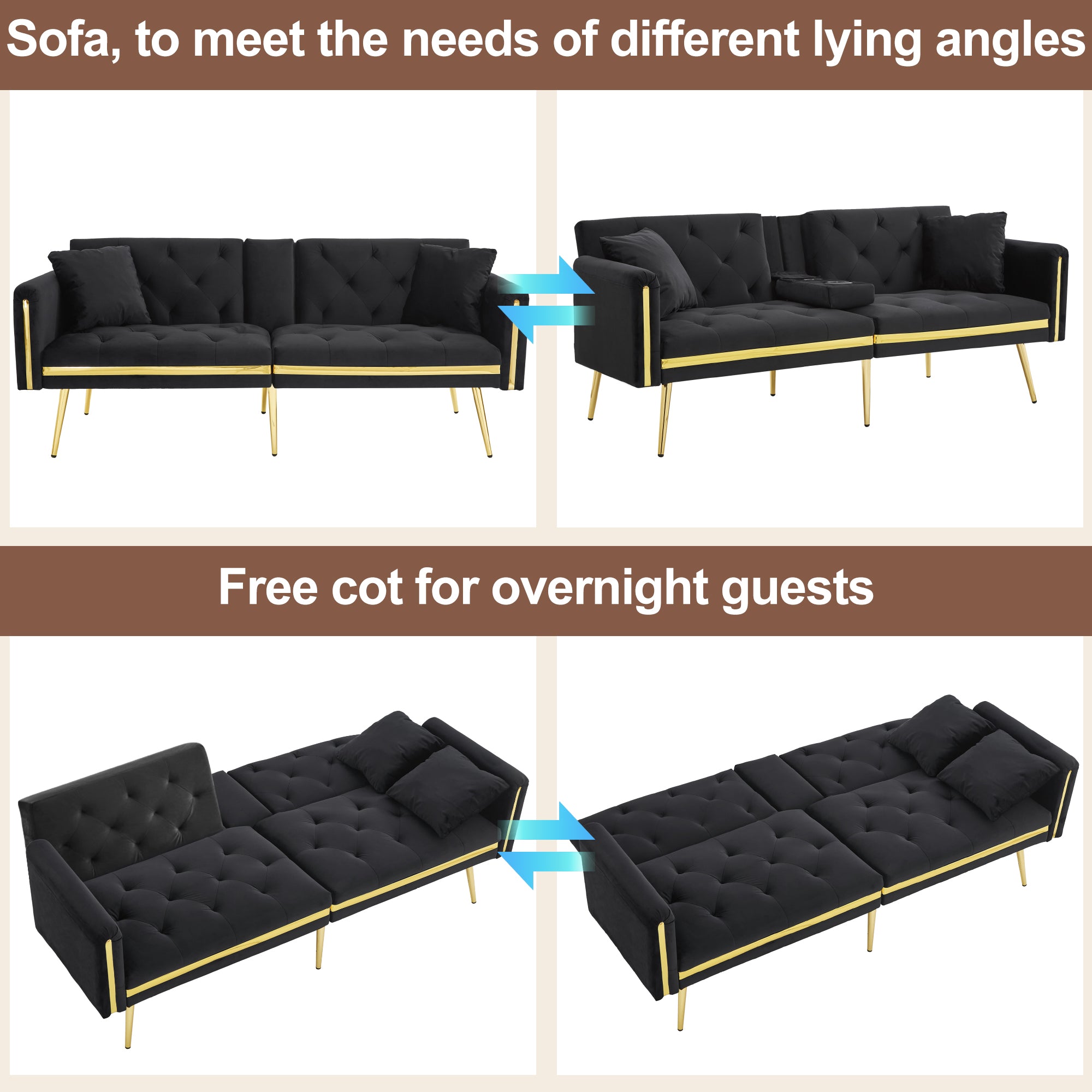 Two-seater Sofa Bed With Adjustable Backrest, Gold Accents And Built-in Cup Holders - Convertible Into A Comfortable And Space-saving Two-seater Sofa For Both The Living Room And Bedroom