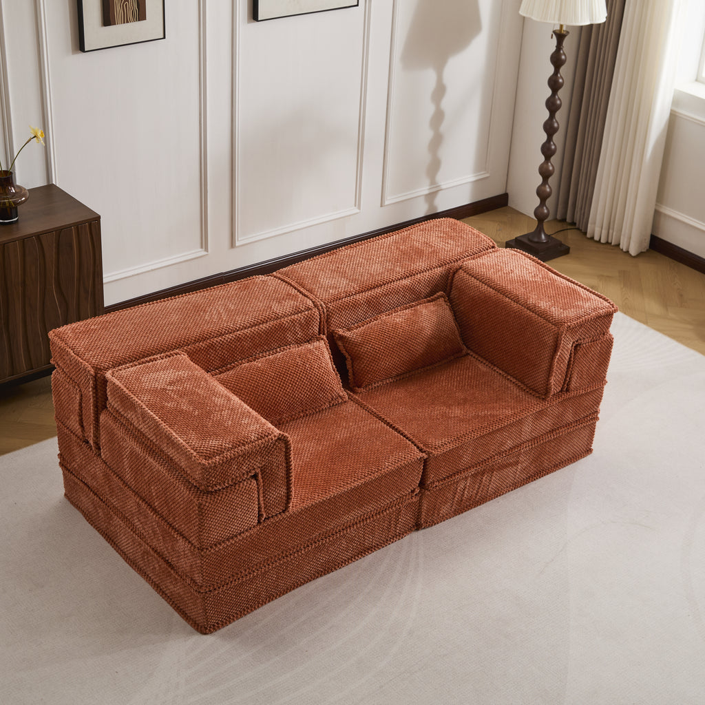Compression Mahjong Sofa,Convertible Floor Sofa Bed,DIY Boneless Modular Sectional Sofa,No Assembly Required,Circle Fleece Fabric,Modern Oversized Loveseat,Orange