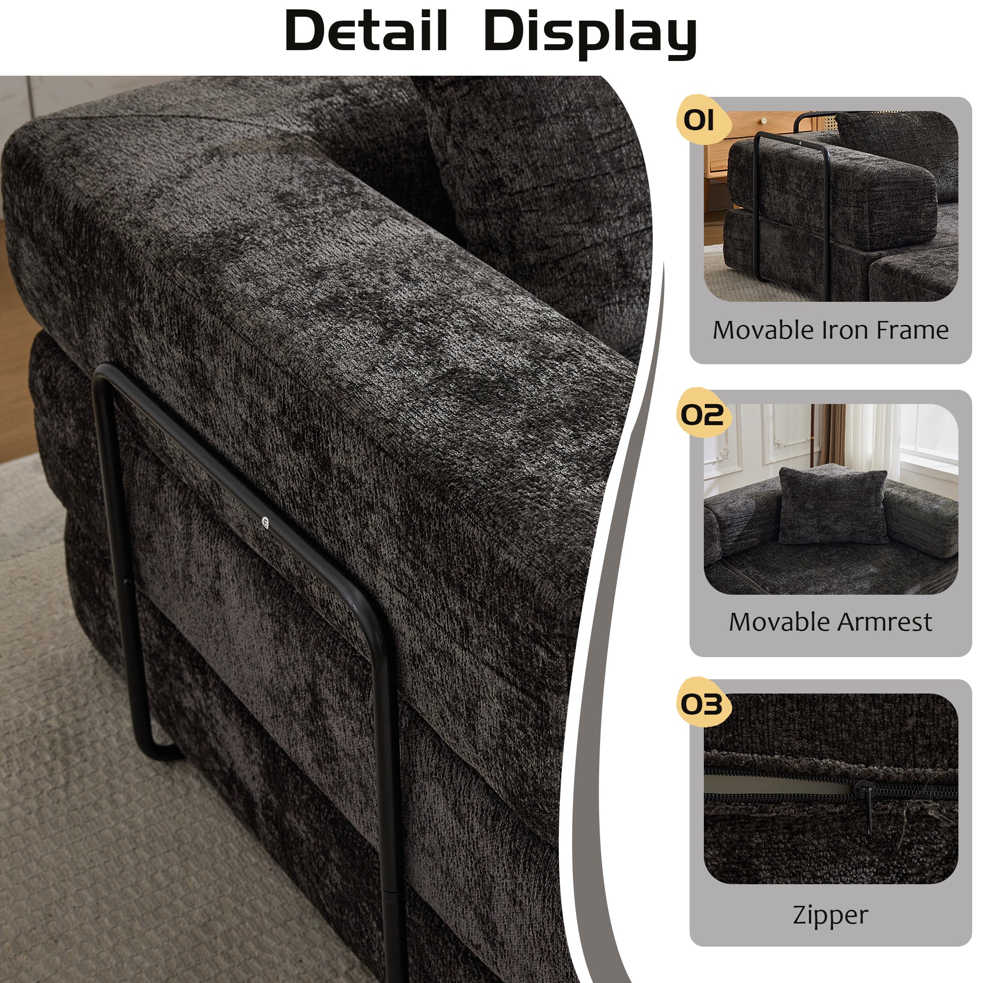 Compression Sofa,Convertible Floor Sofa Bed With Fixed-Shape Frame, Boneless Modular Sectional Sofa,No Assembly Required,Chenille Fabric,for Living Room Bedroom,Black