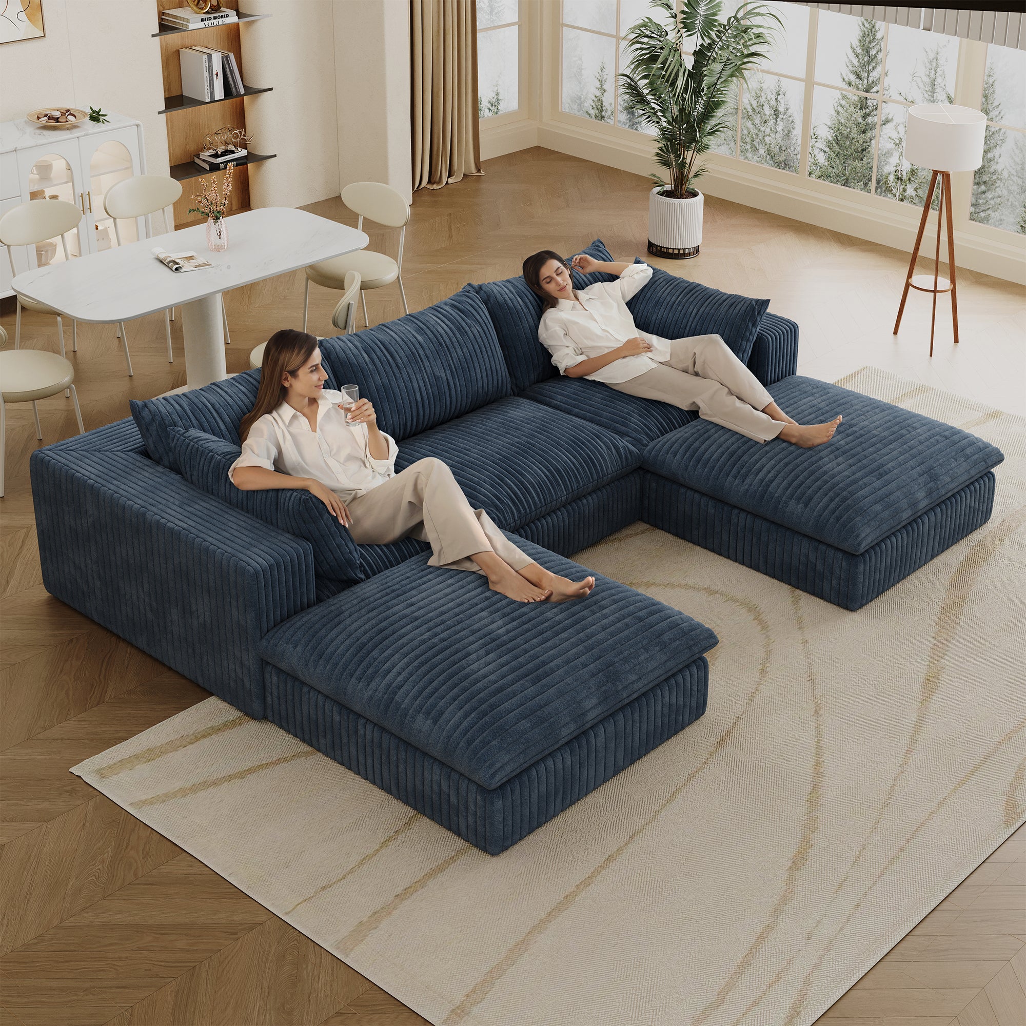 118.2 Cloud Sofa,Corduroy Fabric,Deep Seat Couches,Double-layer Design,Removable Cushion,No Assembly, DIY Combination For Living Room, Bedroom,Conference Room ,Apartment,Blue