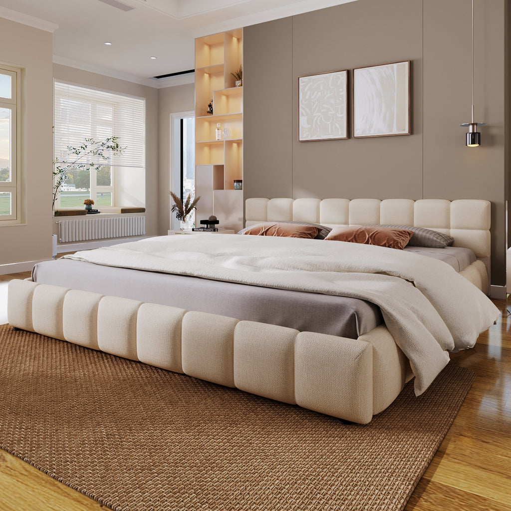 Elegant Beige Chenille Upholstered Bed With Checkerboard Design, Queen, Beige
