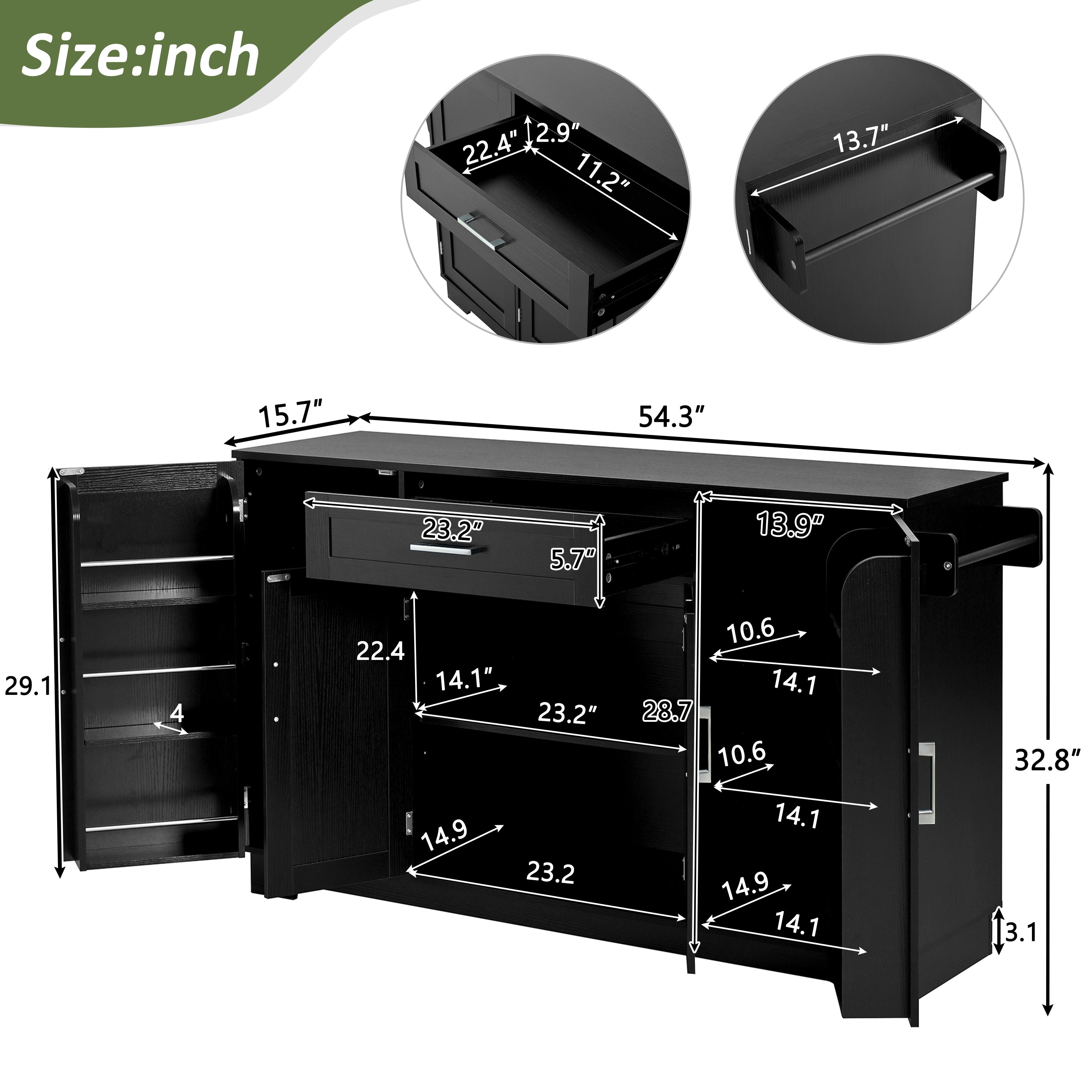 U-STYLE 54.3  Sideboard Buffet Cabinet With Storage  4 Doors & 1 Drawer  Melamine MDF Kitchen Storage With Adjustable Shelves  Aluminum Alloy Handles  Side Shelves & Hanging Rod For Dining Room