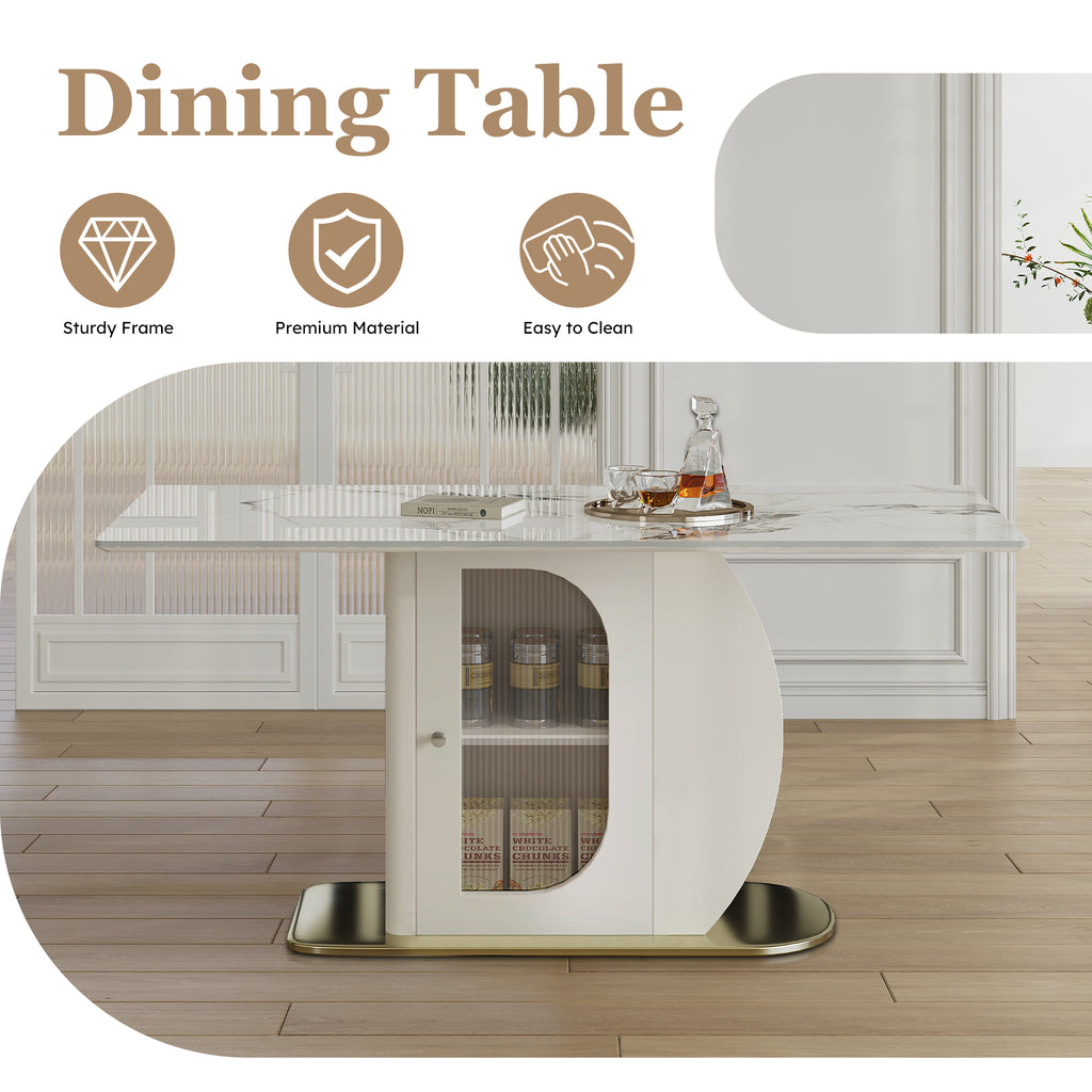 63 Modern Dining Table For 4-6 People  Kitchen Table With Storage Shelf & Acrylic Door Cabinet  Sintered Stone Tabletop With Golden Solid Wood Base  Perfect For Apartments And Family Use