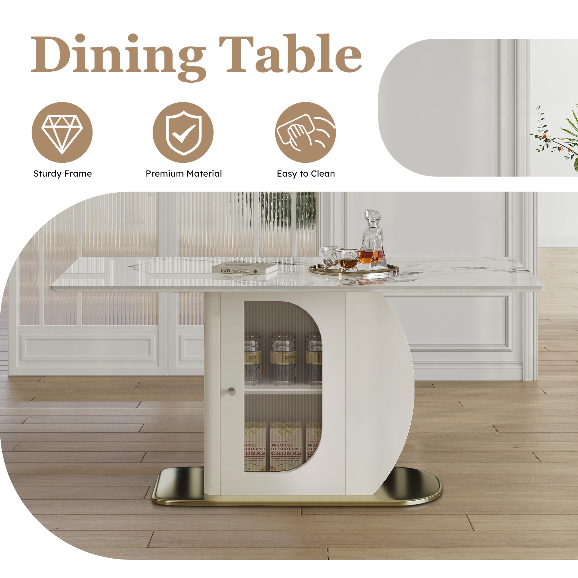 63 Modern Dining Table For 4-6 People  Kitchen Table With Storage Shelf & Acrylic Door Cabinet  Sintered Stone Tabletop With Golden Solid Wood Base  Perfect For Apartments And Family Use